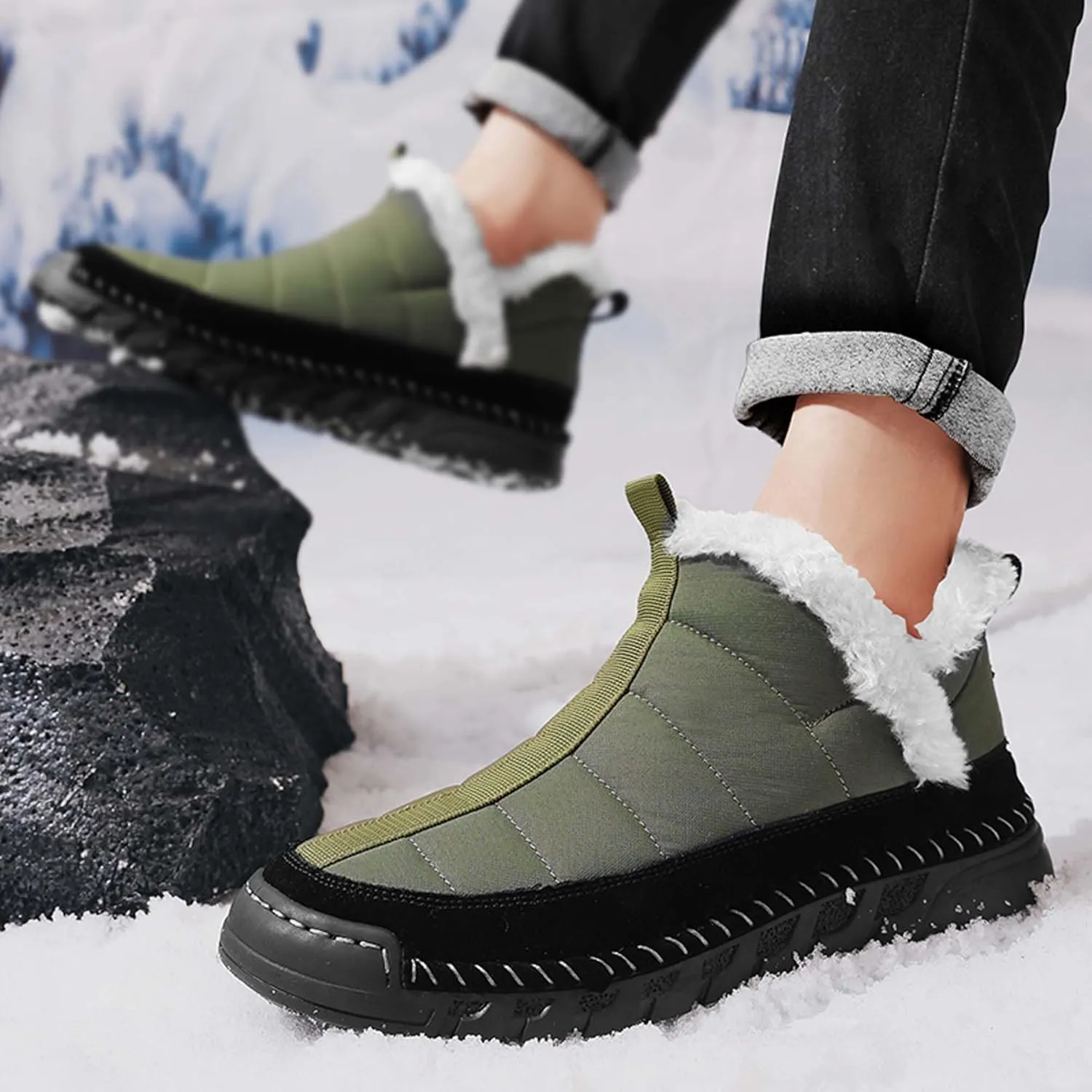 Men's Snow Boots Waterproof Mens Warm Winter Boots Fur Lined Plush Walking Boots Cozy Slip Casual Outdoor Boots