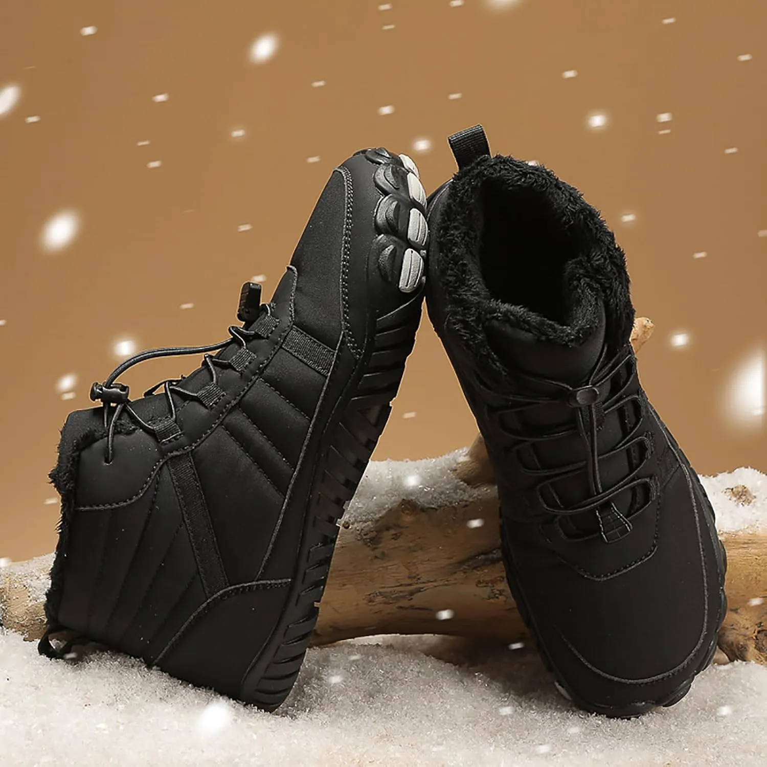 Men's Women's Lace Up Winter Snow Boots,Unisex Warm Fur Lined Waterproof Snow Ankle Booties Comfortable Slip on Outdoor Wide Toe Barefoot Hiking Boots