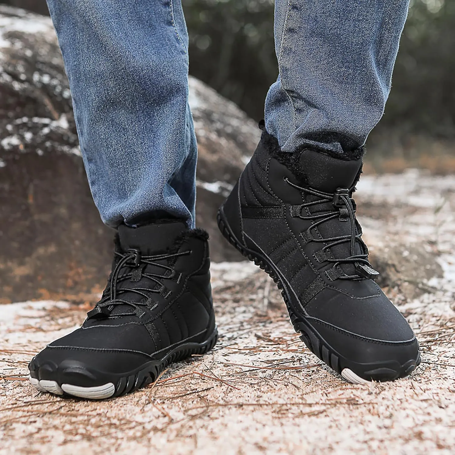 Men's Women's Lace Up Winter Snow Boots,Unisex Warm Fur Lined Waterproof Snow Ankle Booties Comfortable Slip on Outdoor Wide Toe Barefoot Hiking Boots