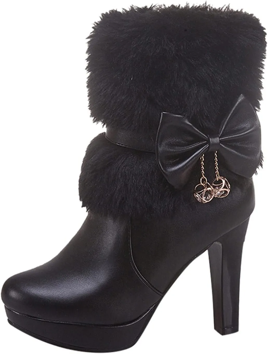 Mid Calf Boots for Women Autumn Winter Pu Leather Mid-Calf Fluffy Warm Bow Waterproof Thick With High Heel Snow Boots