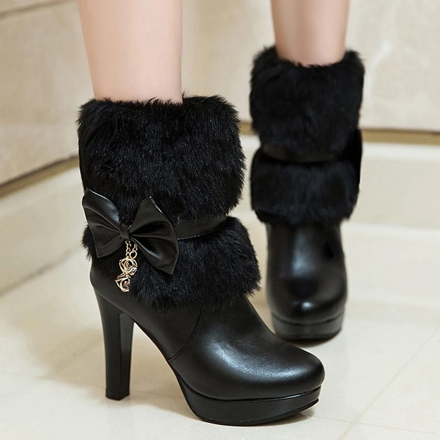 Mid Calf Boots for Women Autumn Winter Pu Leather Mid-Calf Fluffy Warm Bow Waterproof Thick With High Heel Snow Boots
