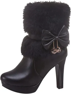 Mid Calf Boots for Women Autumn Winter Pu Leather Mid-Calf Fluffy Warm Bow Waterproof Thick With High Heel Snow Boots