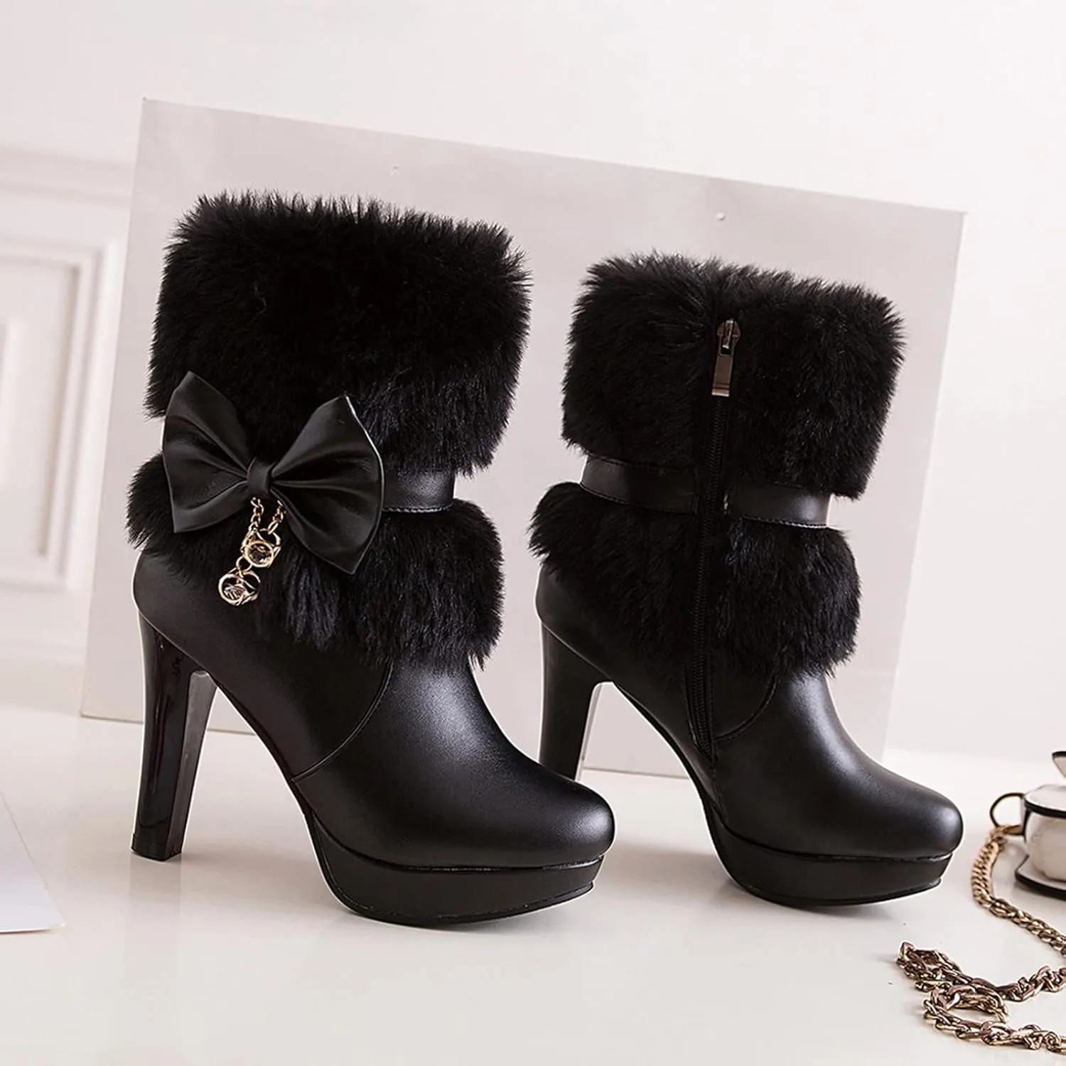 Mid Calf Boots for Women Autumn Winter Pu Leather Mid-Calf Fluffy Warm Bow Waterproof Thick With High Heel Snow Boots