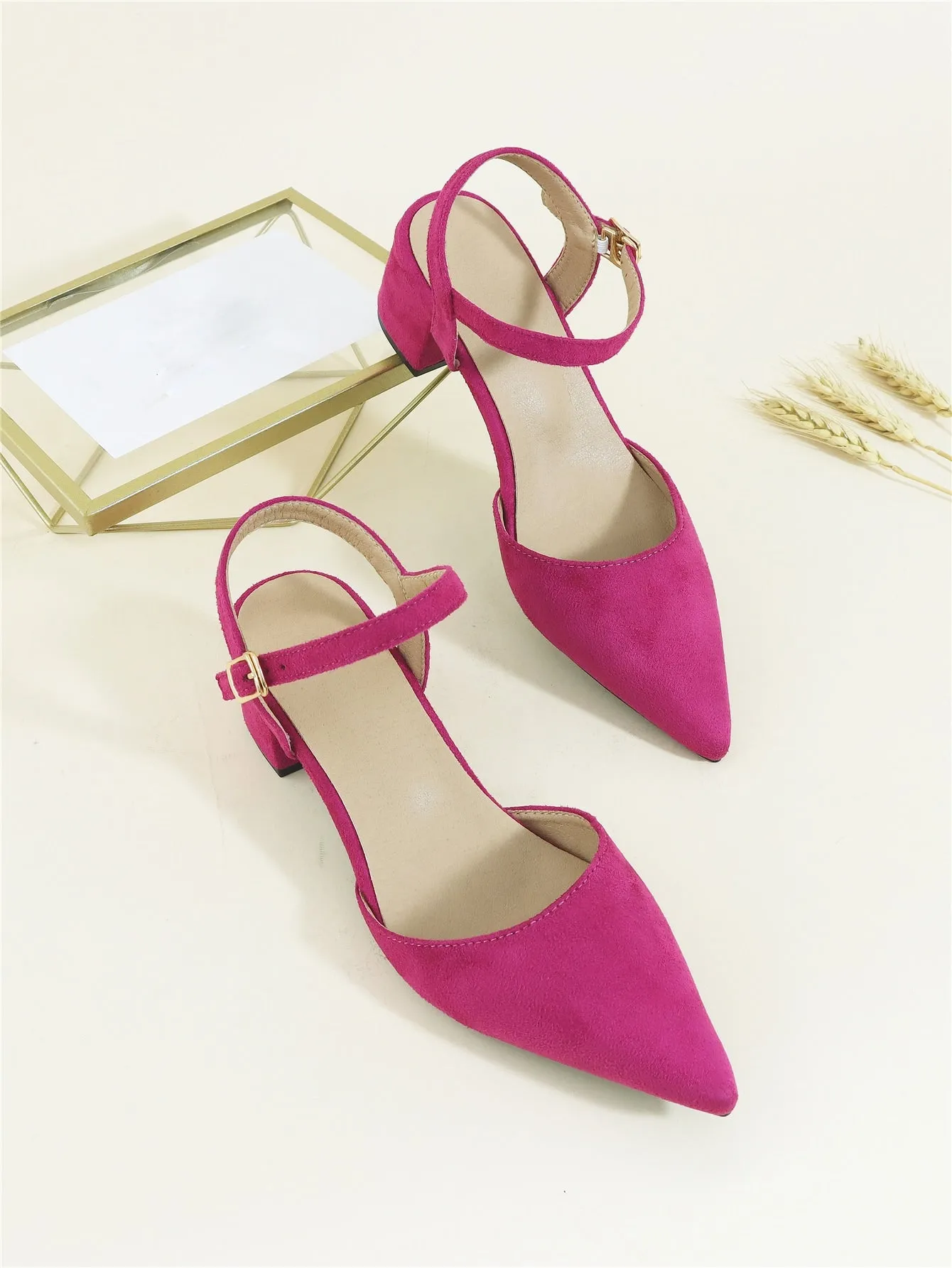 Minimalist Point Toe Ankle Strap Chunky Pumps