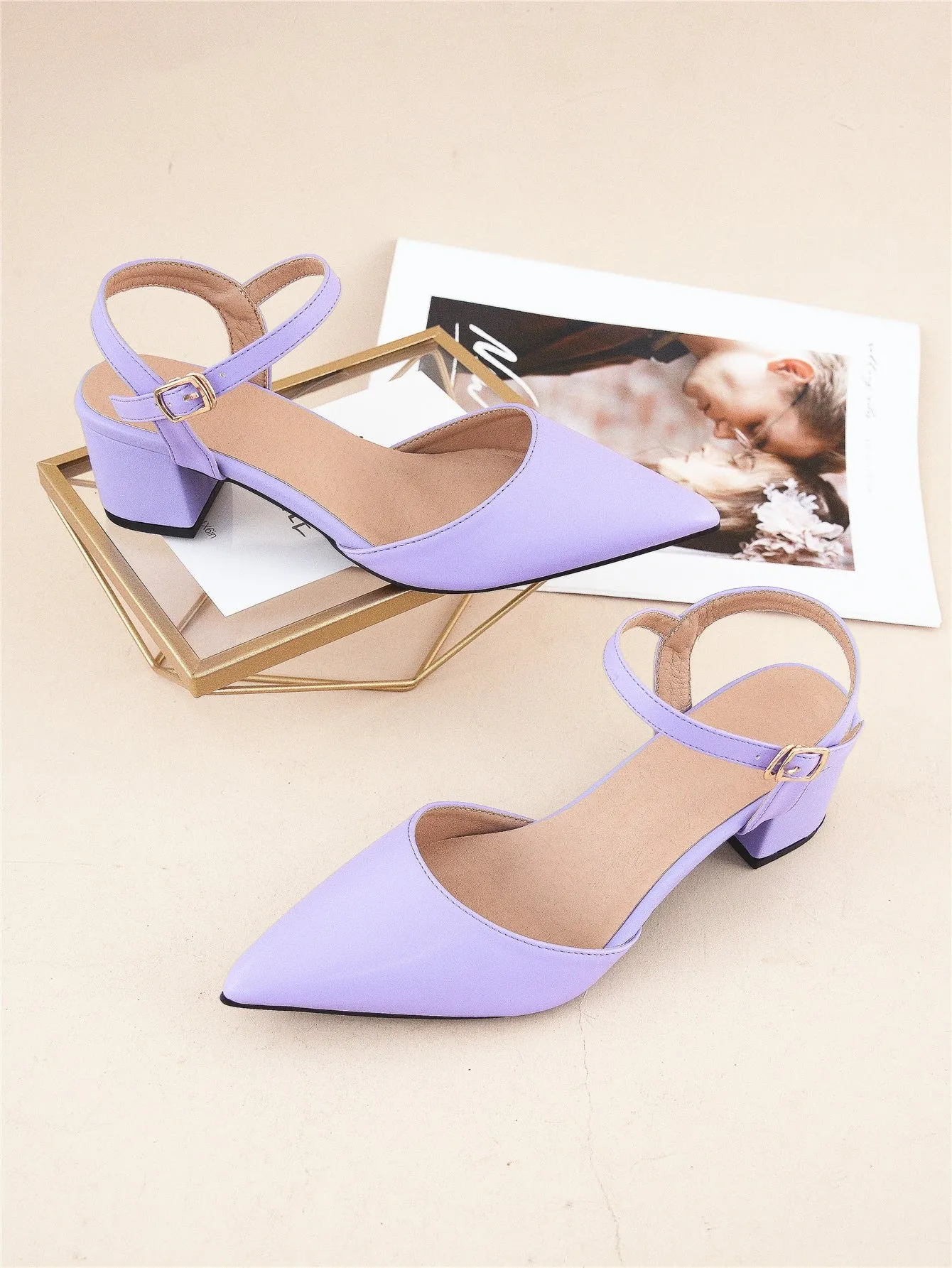 Minimalist Point Toe Ankle Strap Chunky Pumps