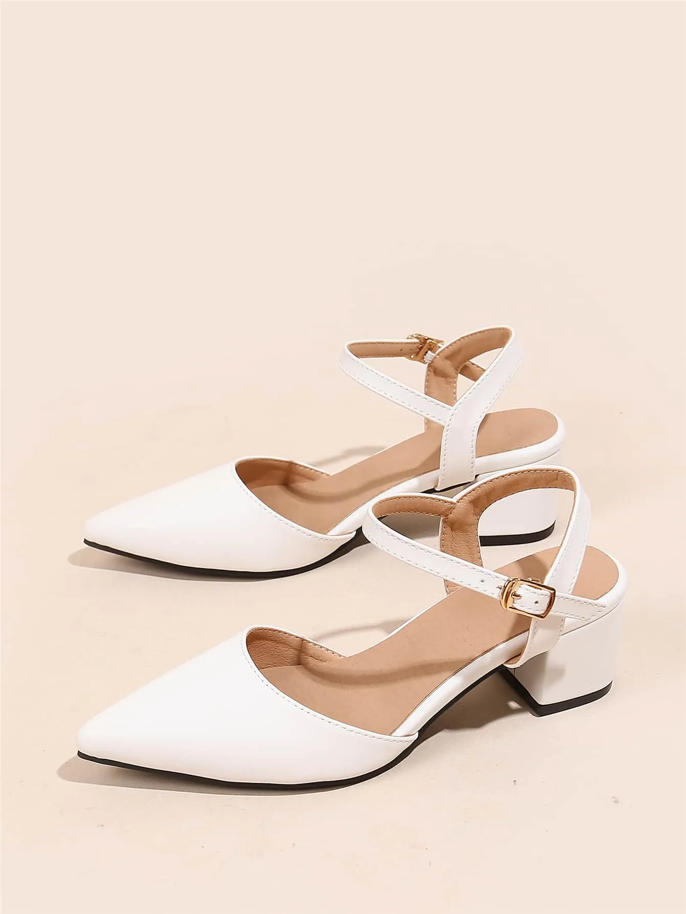 Minimalist Point Toe Ankle Strap Chunky Pumps