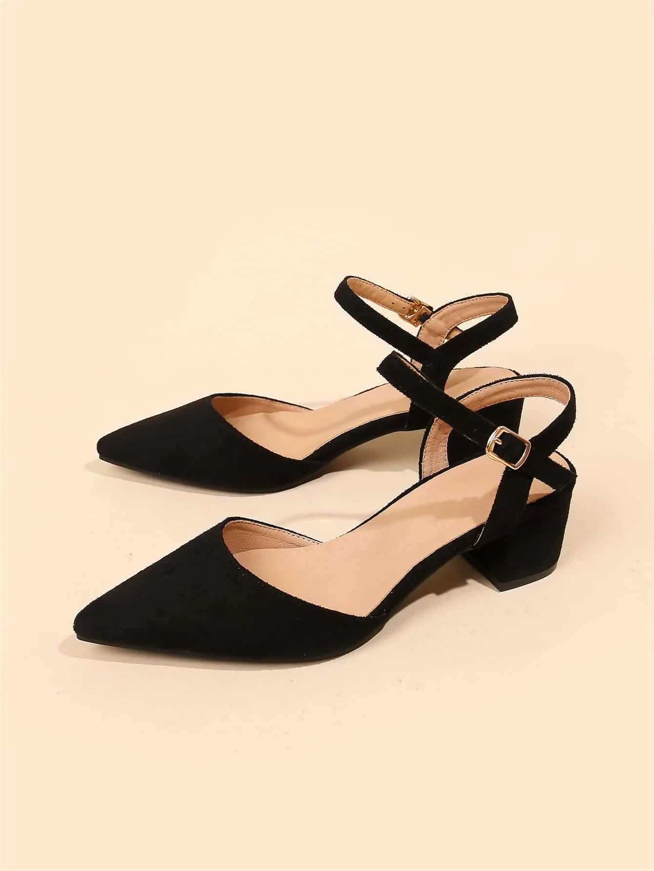 Minimalist Point Toe Ankle Strap Chunky Pumps