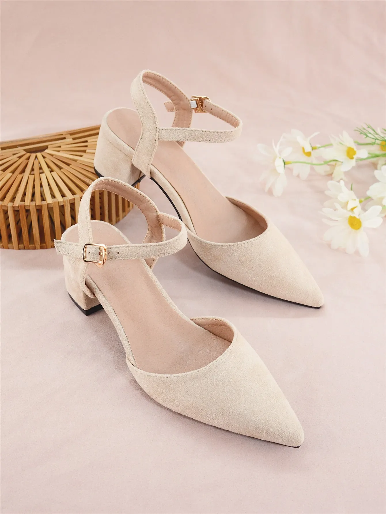 Minimalist Point Toe Ankle Strap Chunky Pumps