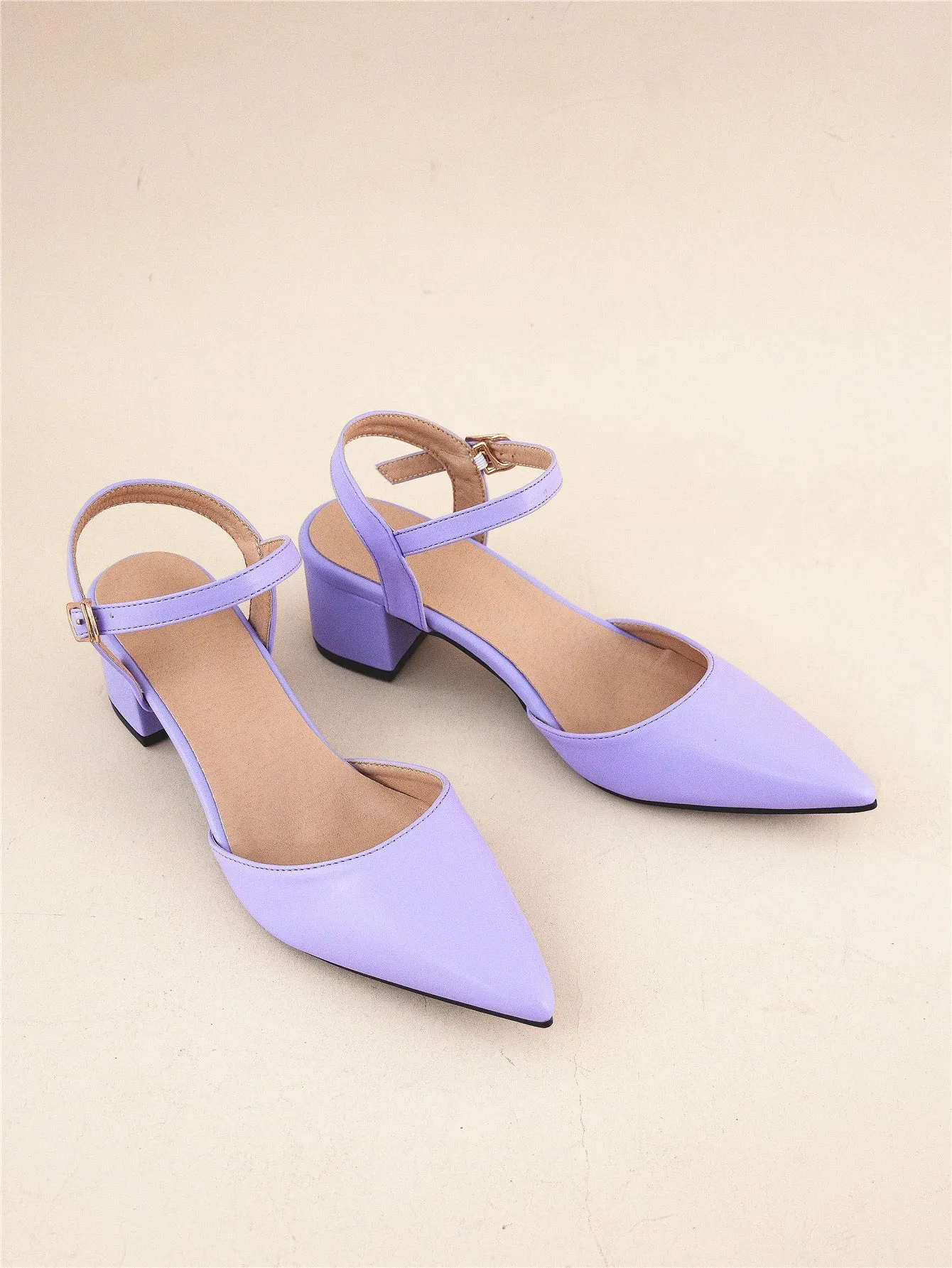 Minimalist Point Toe Ankle Strap Chunky Pumps