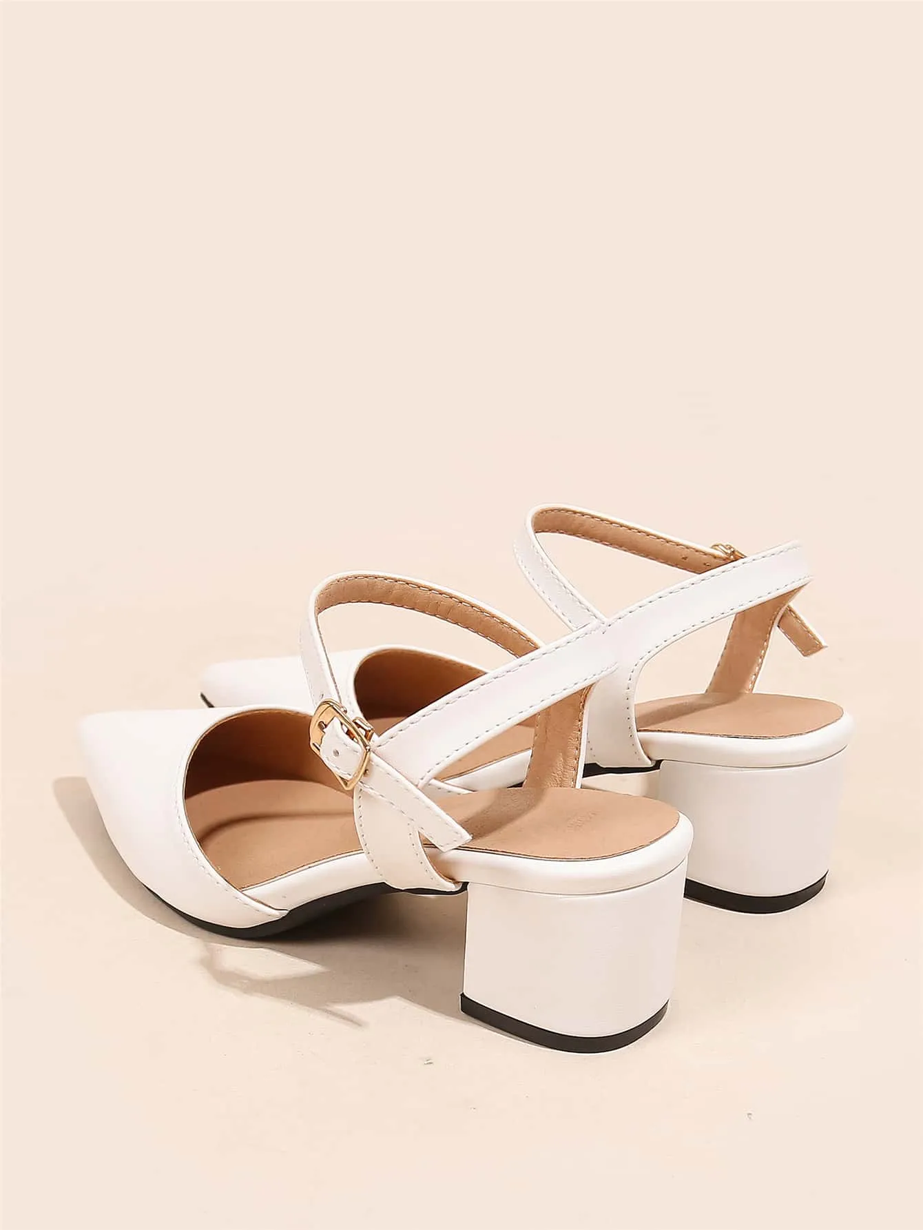 Minimalist Point Toe Ankle Strap Chunky Pumps