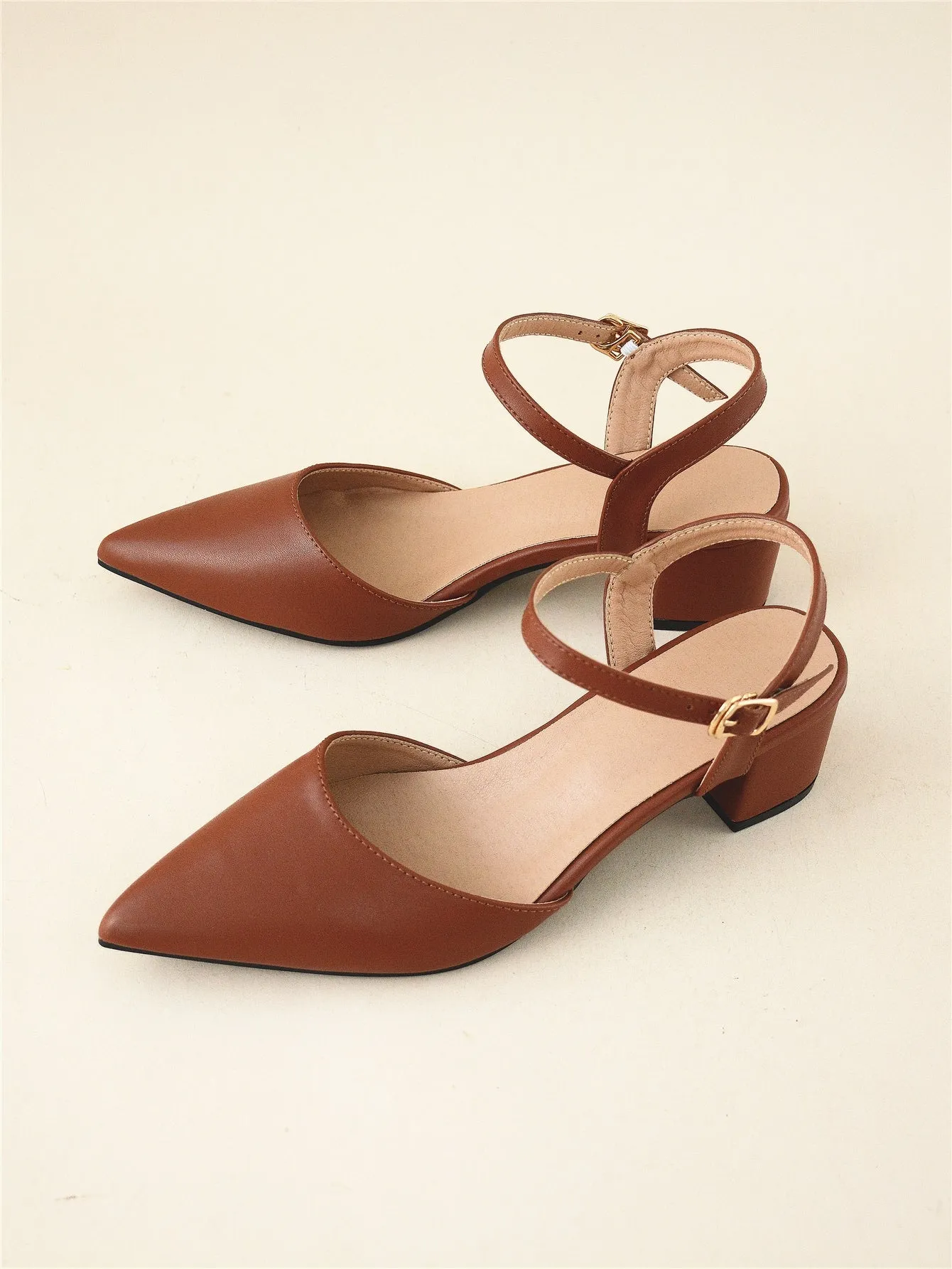 Minimalist Point Toe Ankle Strap Chunky Pumps