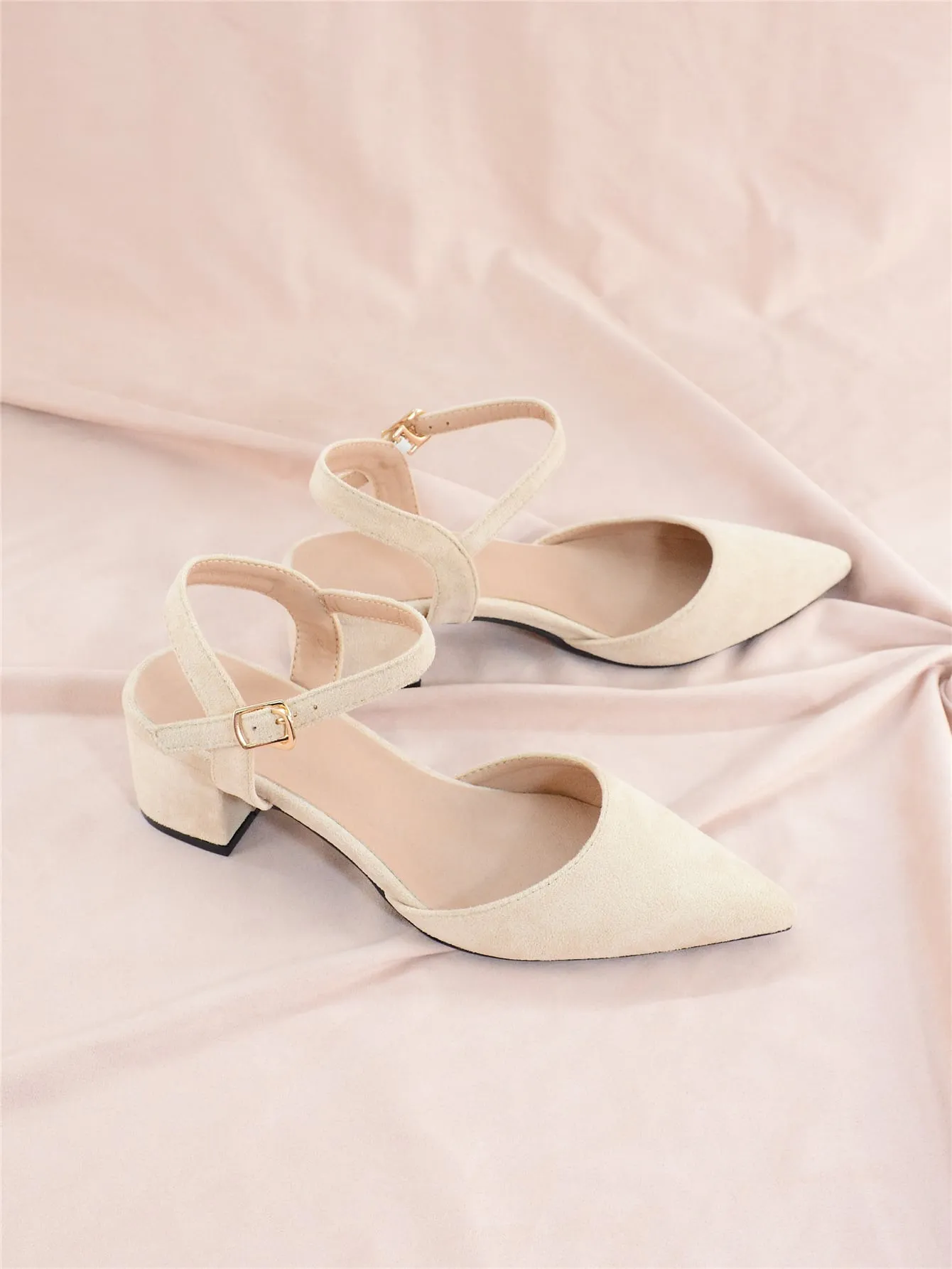Minimalist Point Toe Ankle Strap Chunky Pumps