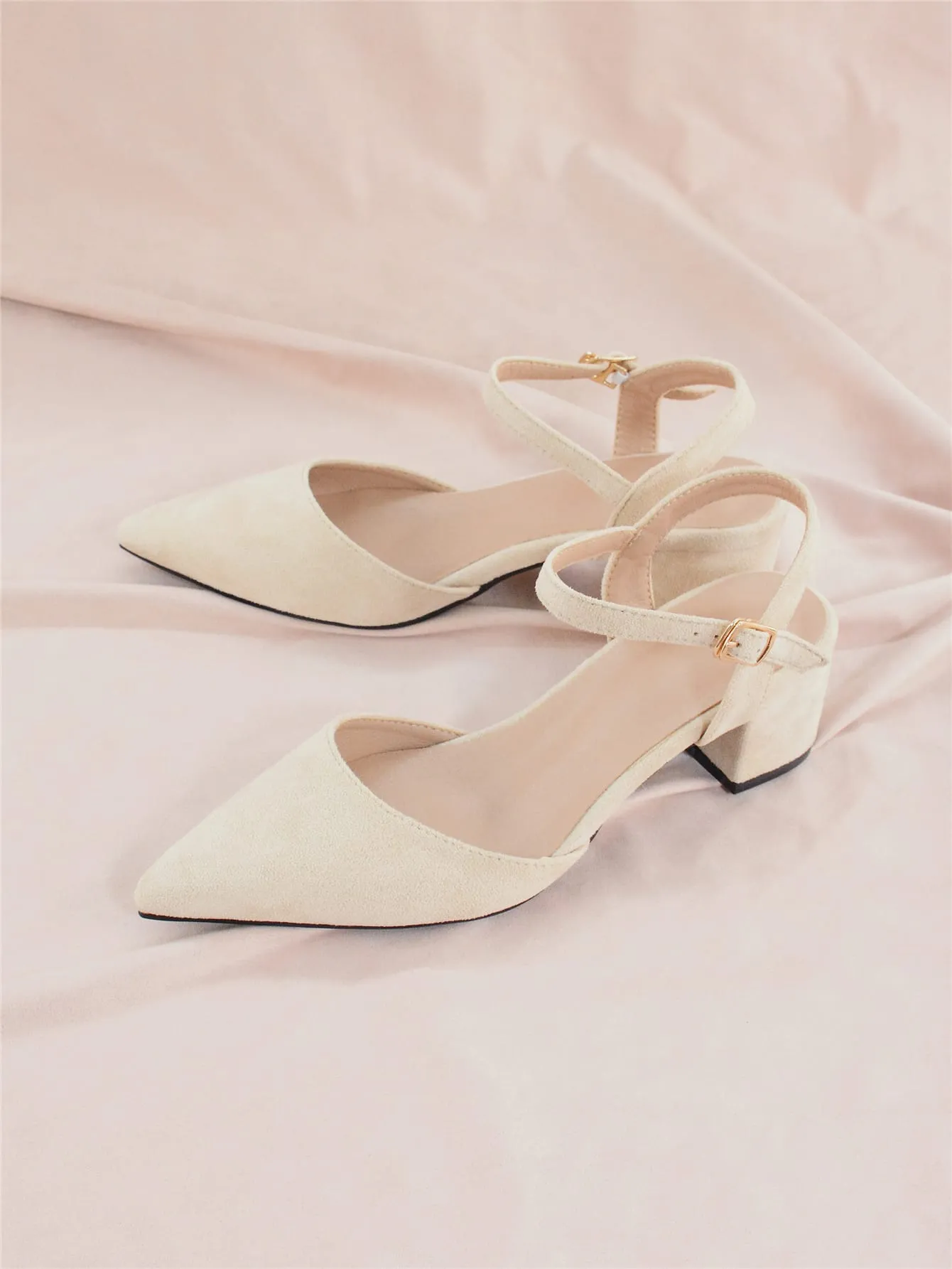 Minimalist Point Toe Ankle Strap Chunky Pumps