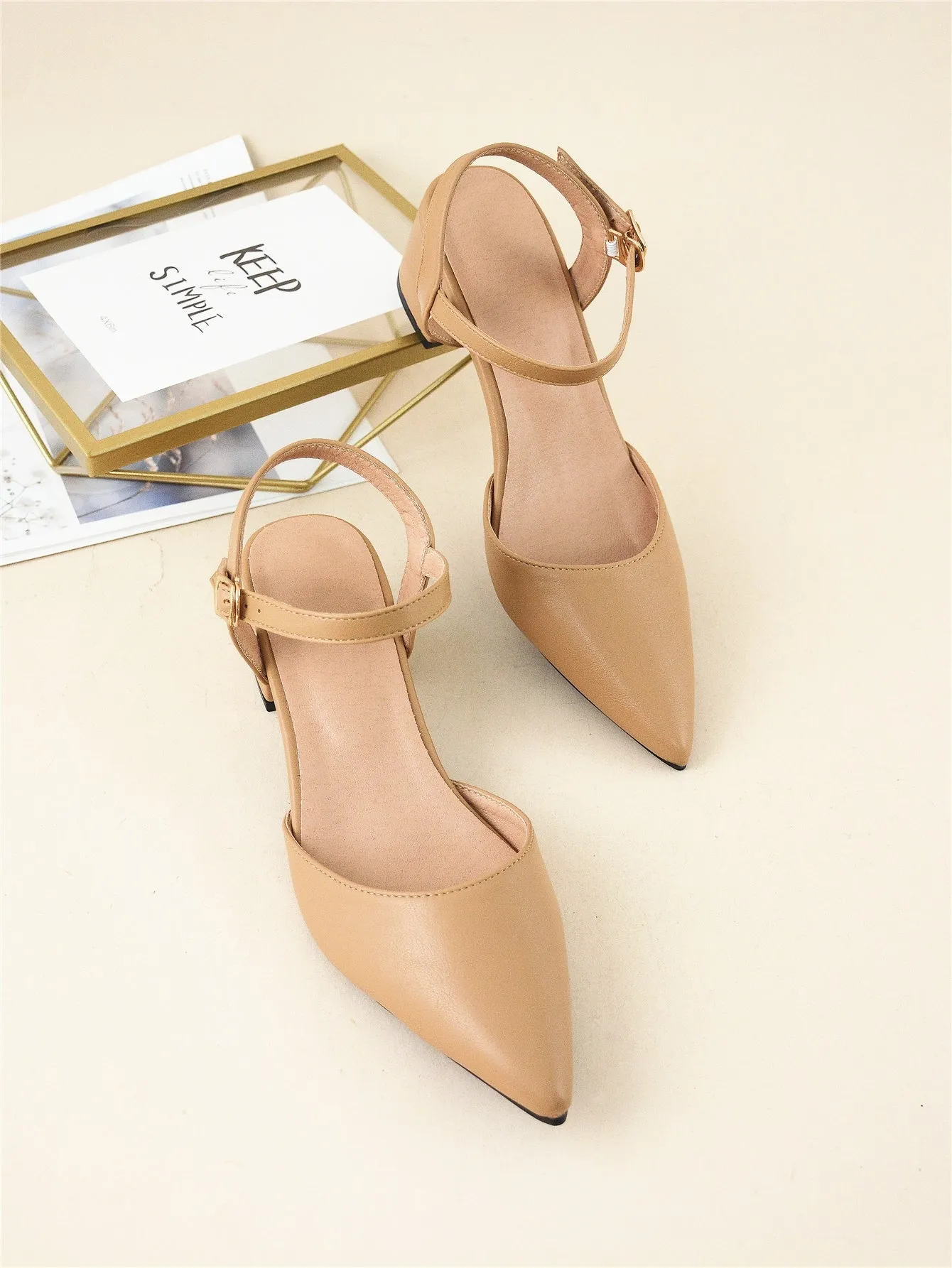 Minimalist Point Toe Ankle Strap Chunky Pumps