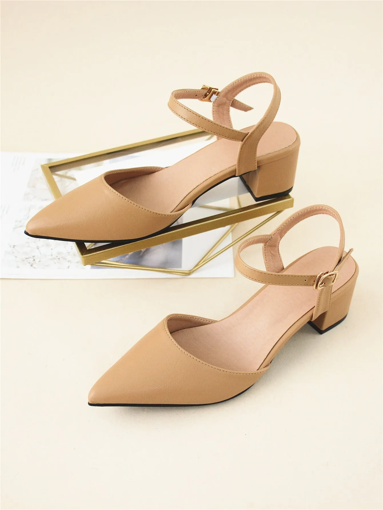 Minimalist Point Toe Ankle Strap Chunky Pumps
