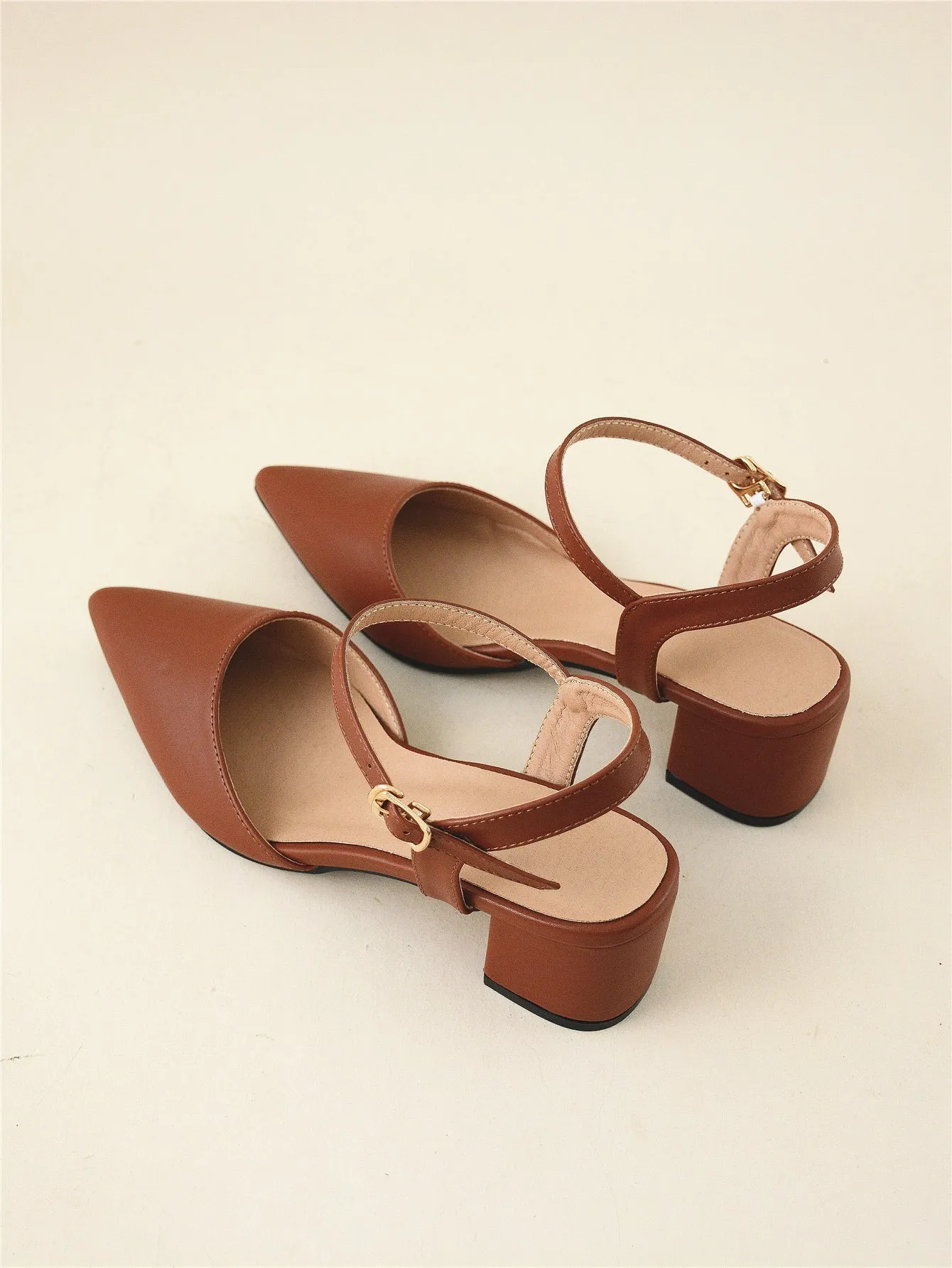 Minimalist Point Toe Ankle Strap Chunky Pumps