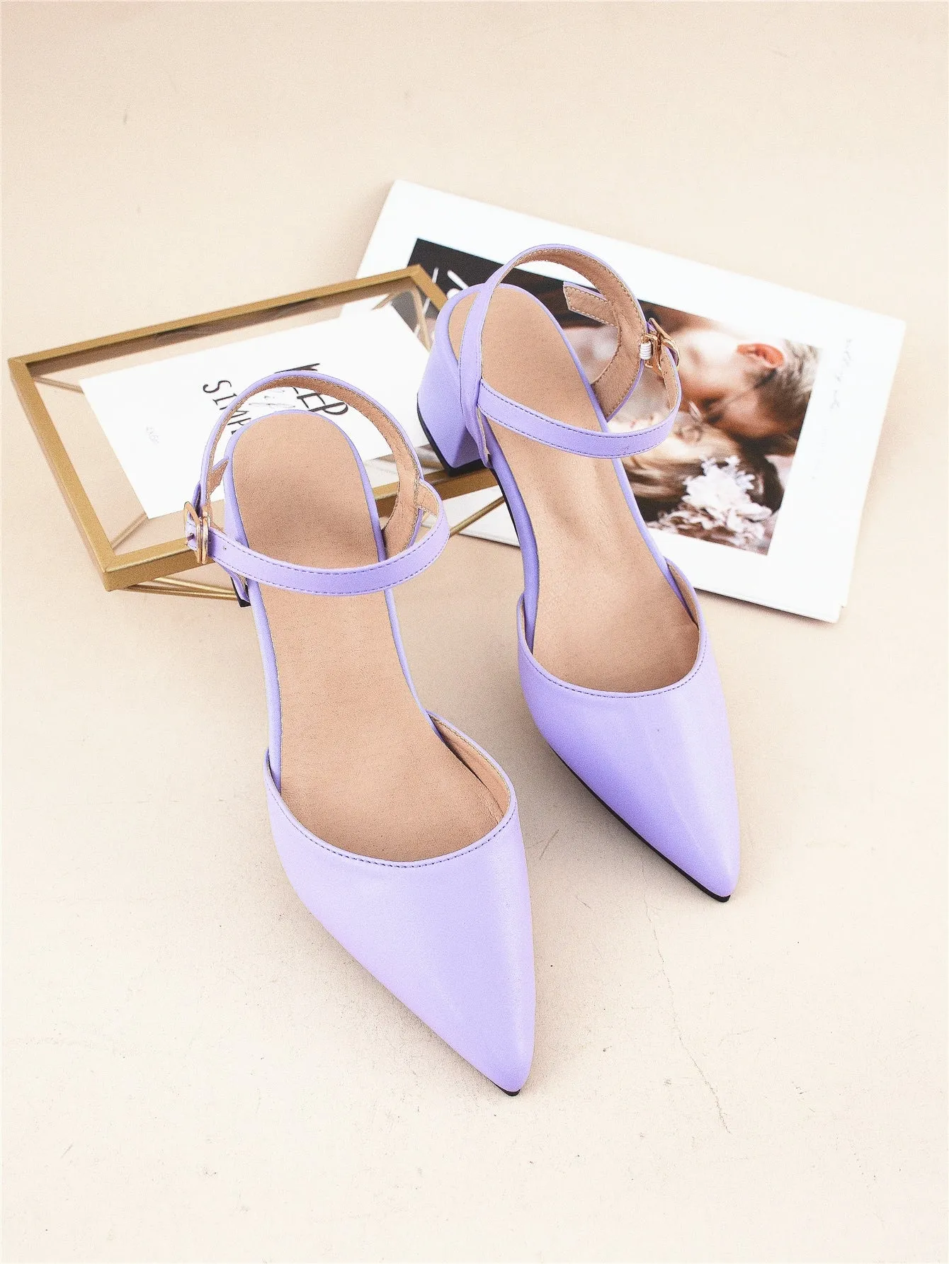 Minimalist Point Toe Ankle Strap Chunky Pumps