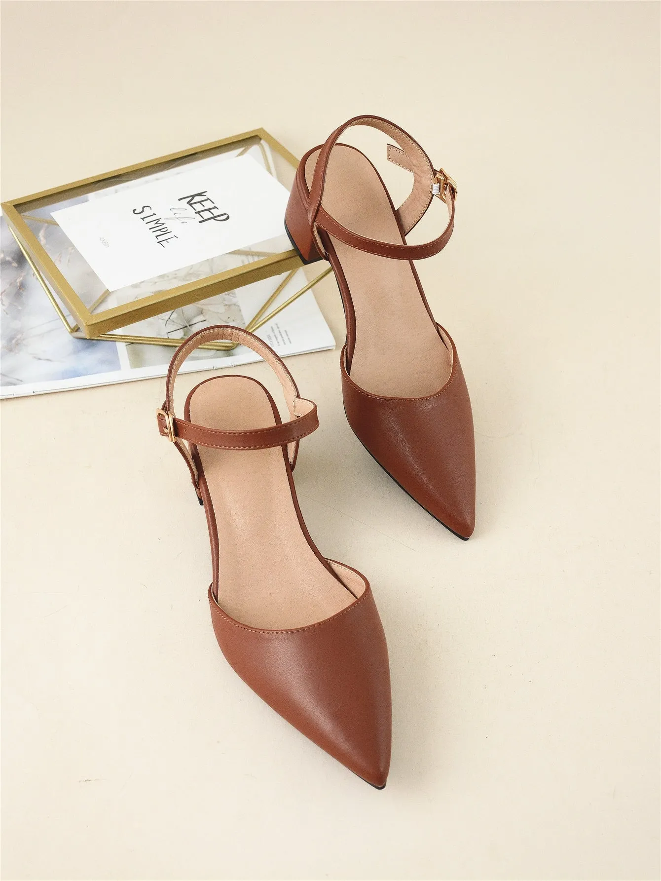 Minimalist Point Toe Ankle Strap Chunky Pumps