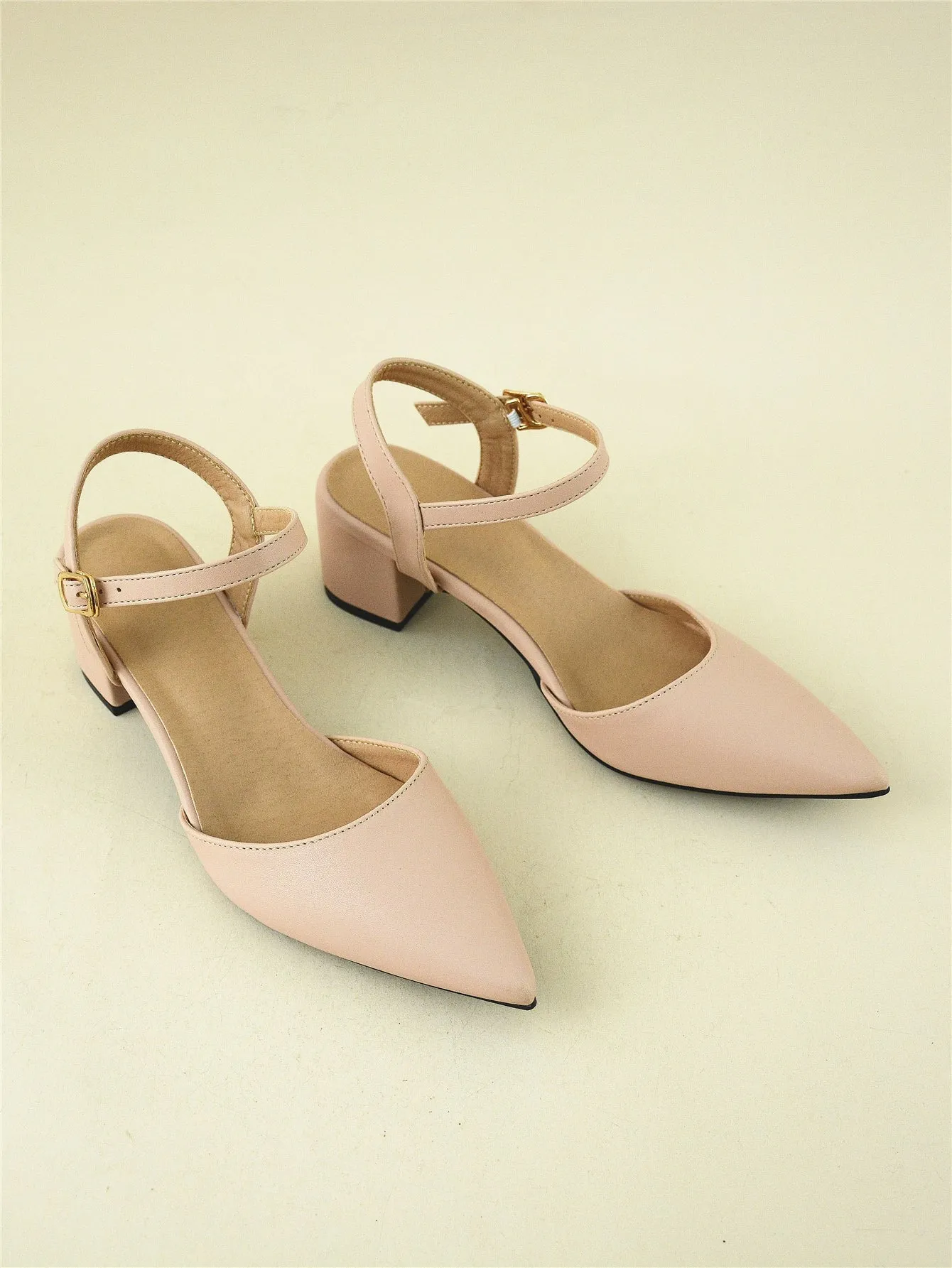 Minimalist Point Toe Ankle Strap Chunky Pumps