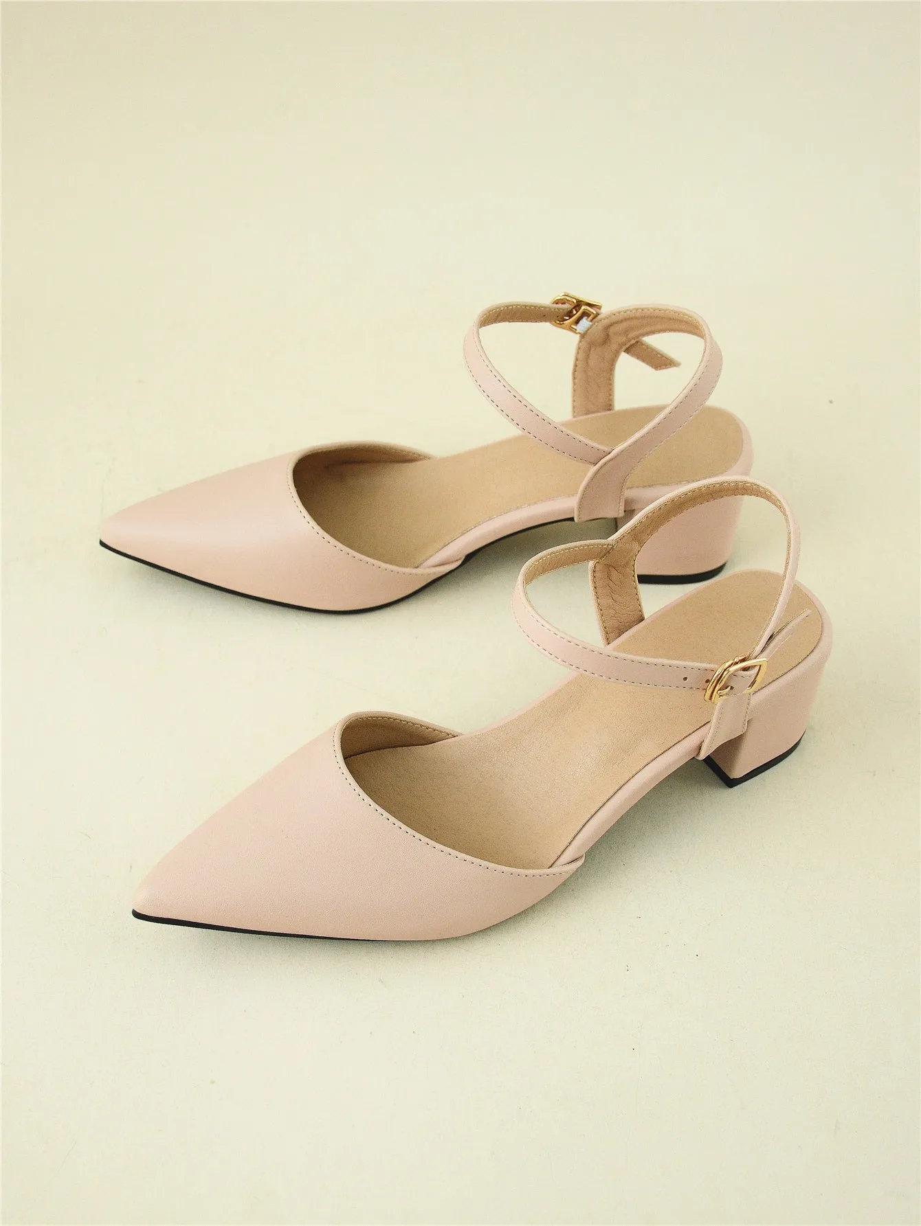 Minimalist Point Toe Ankle Strap Chunky Pumps