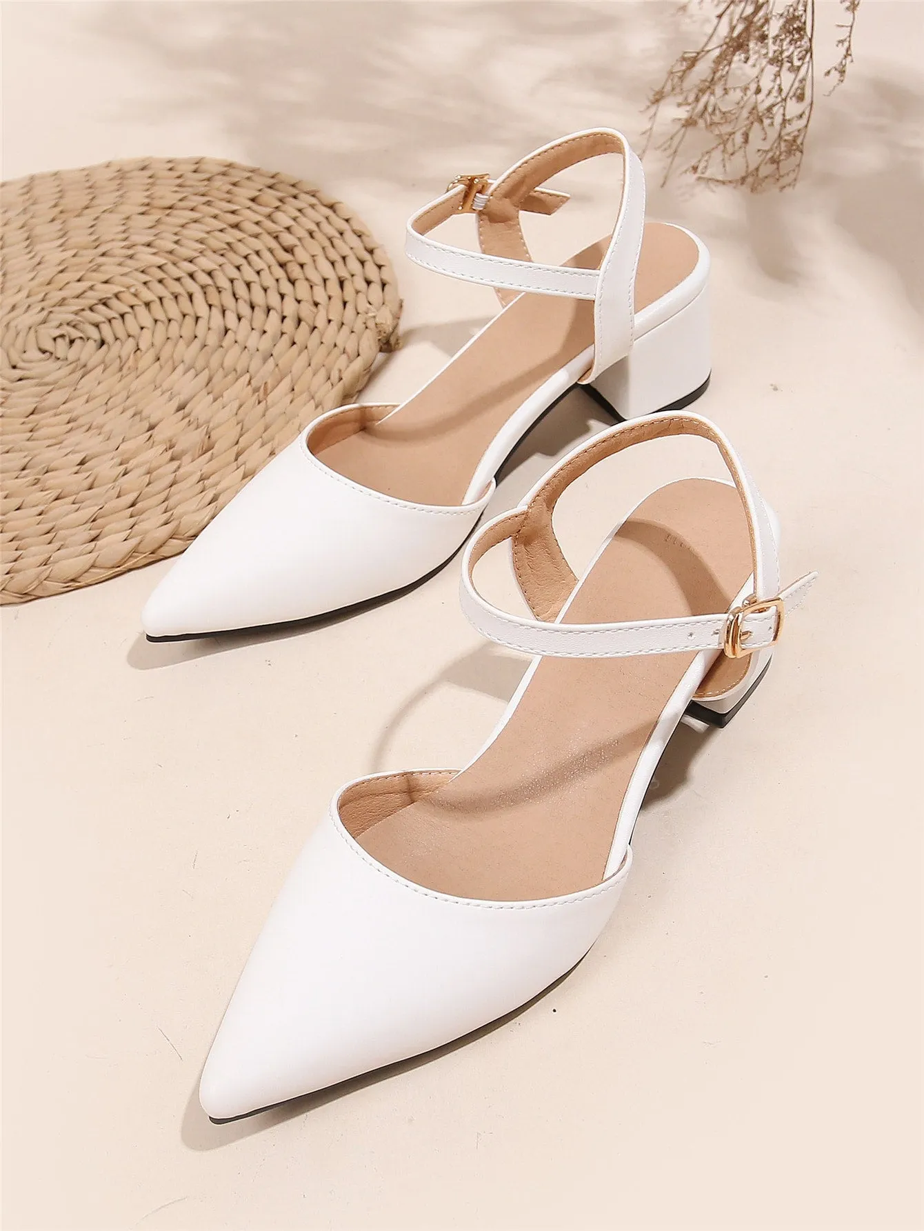 Minimalist Point Toe Ankle Strap Chunky Pumps