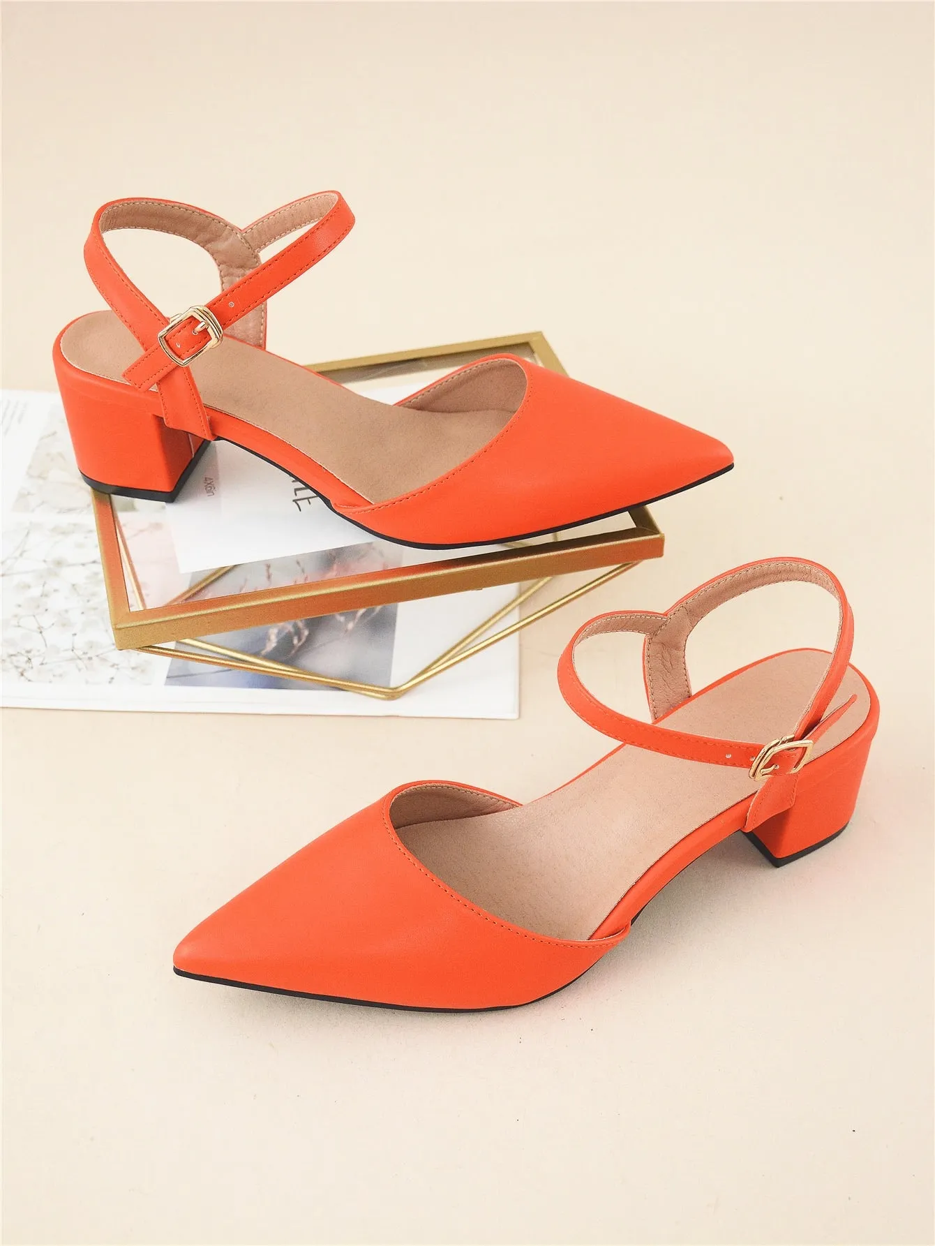 Minimalist Point Toe Ankle Strap Chunky Pumps