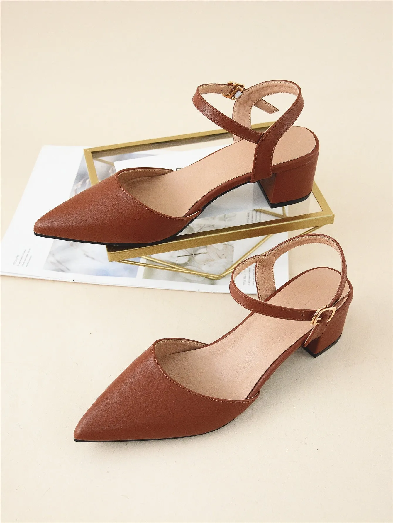 Minimalist Point Toe Ankle Strap Chunky Pumps
