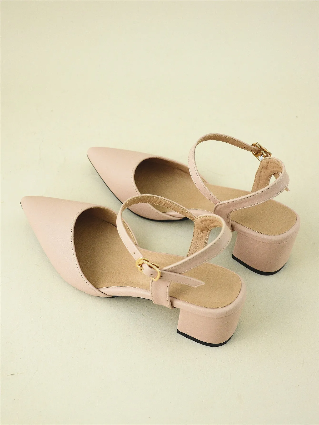 Minimalist Point Toe Ankle Strap Chunky Pumps