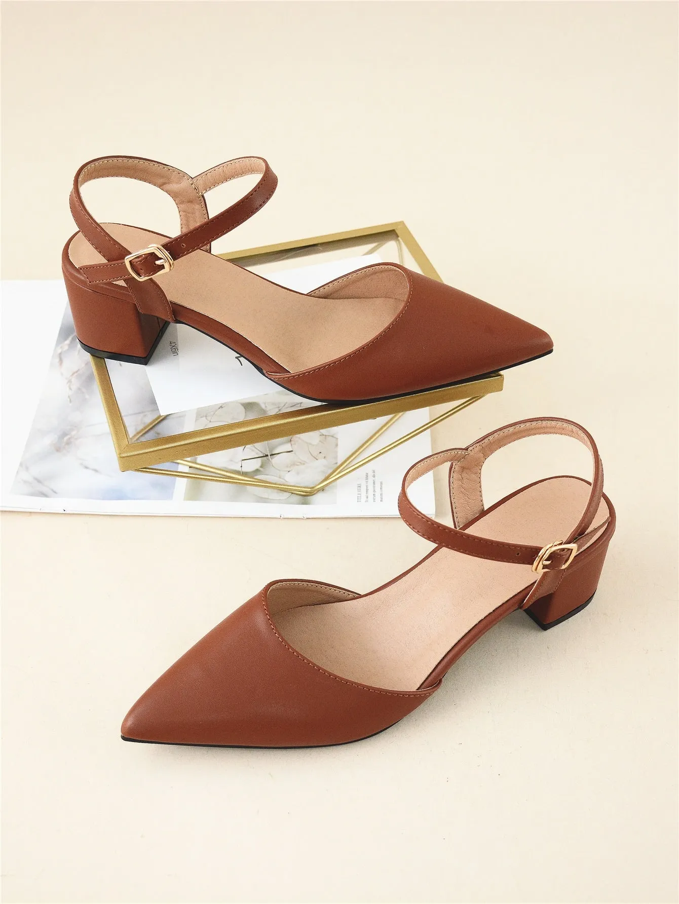 Minimalist Point Toe Ankle Strap Chunky Pumps