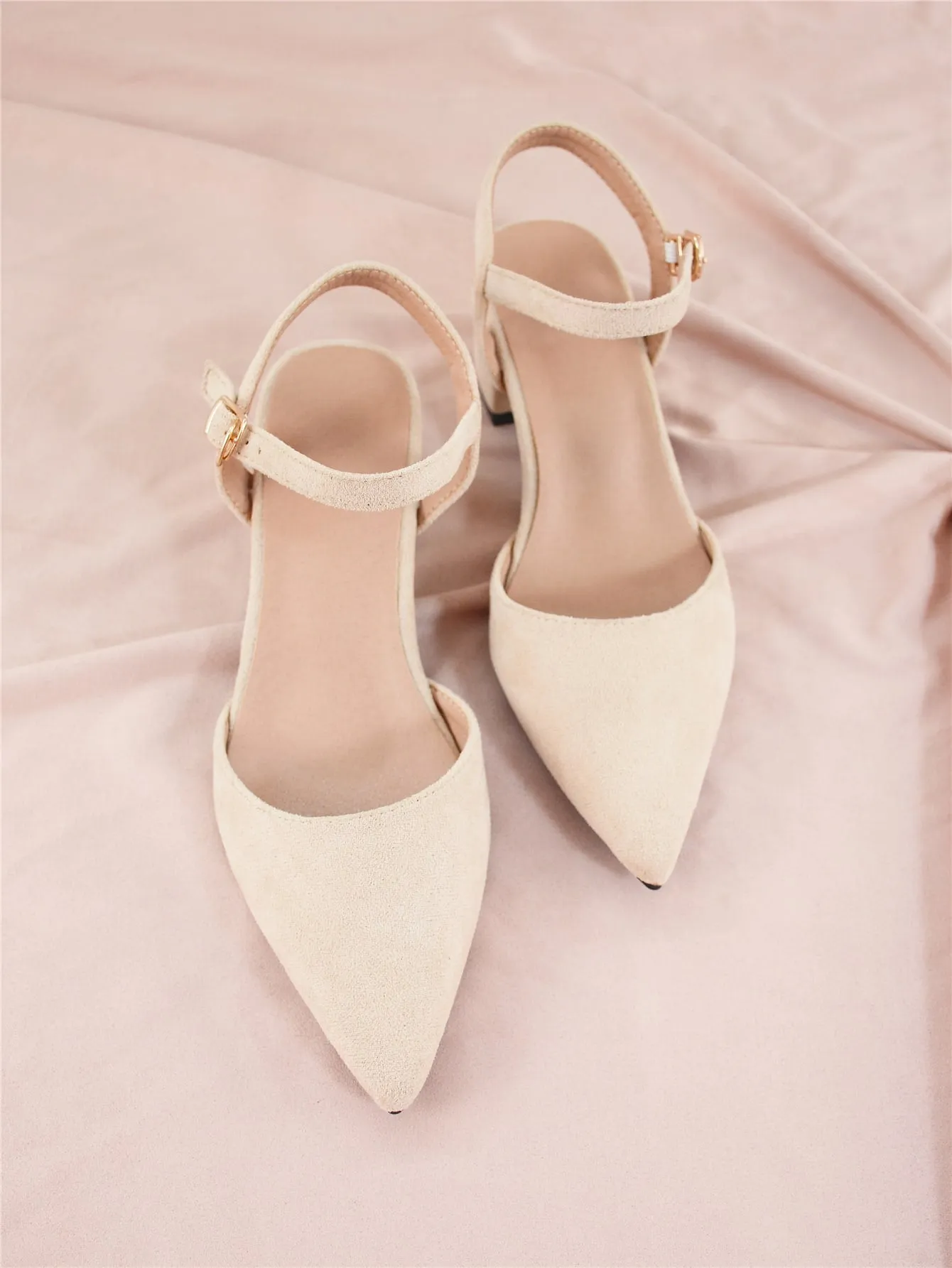 Minimalist Point Toe Ankle Strap Chunky Pumps