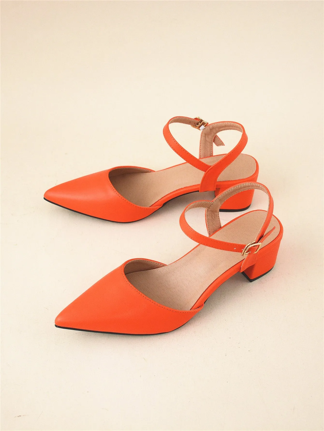 Minimalist Point Toe Ankle Strap Chunky Pumps