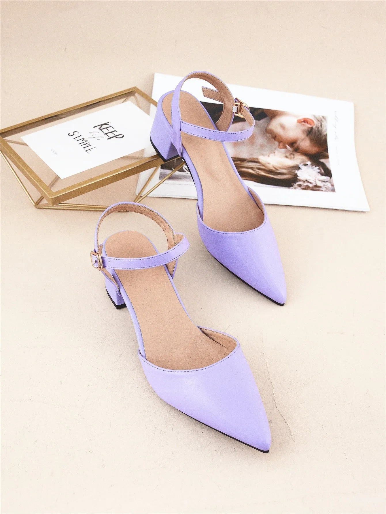 Minimalist Point Toe Ankle Strap Chunky Pumps
