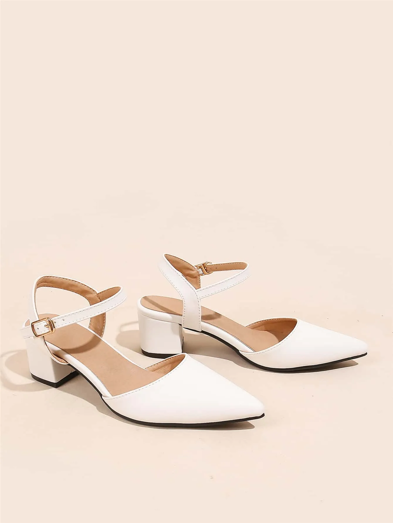 Minimalist Point Toe Ankle Strap Chunky Pumps