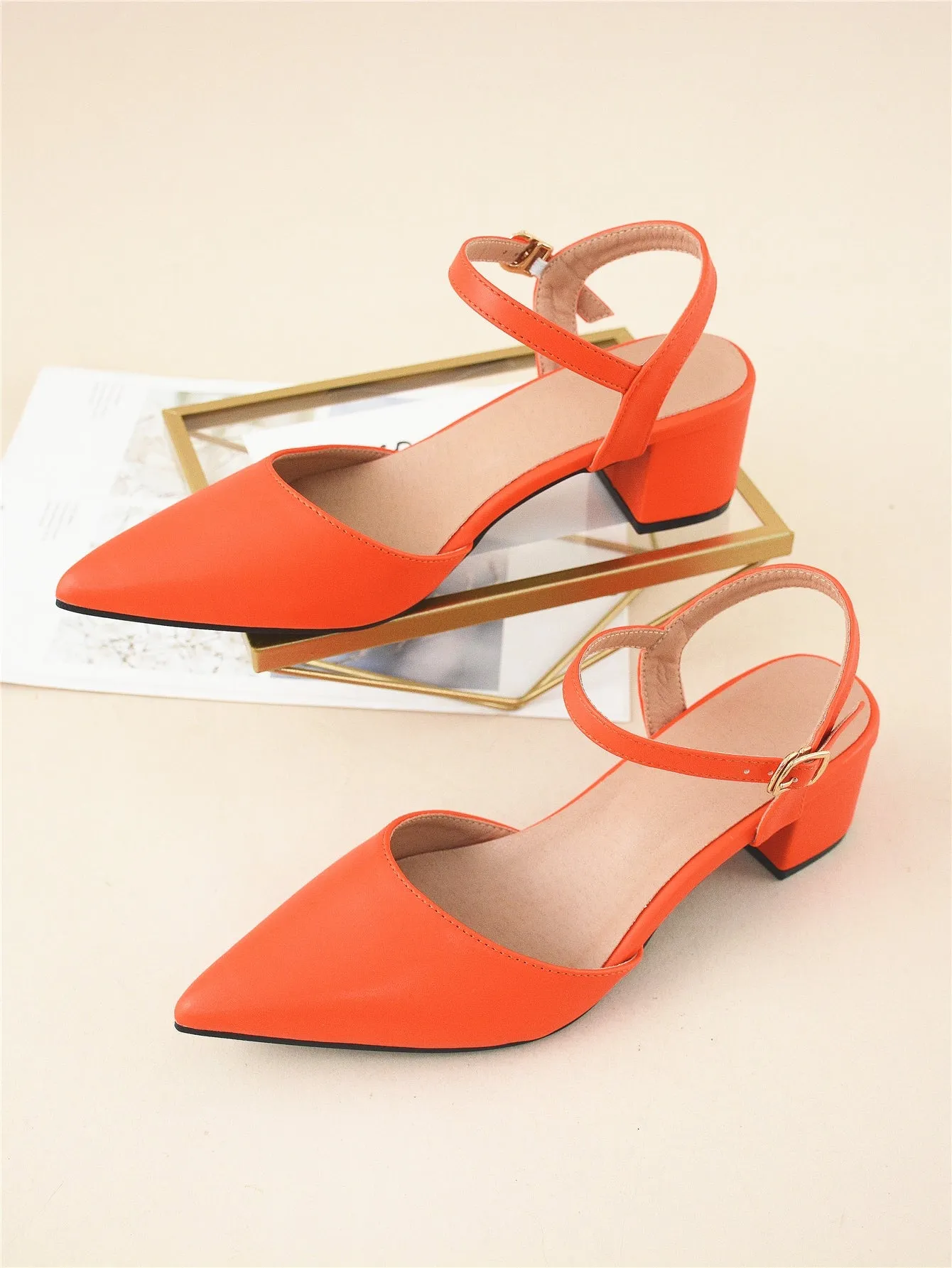 Minimalist Point Toe Ankle Strap Chunky Pumps