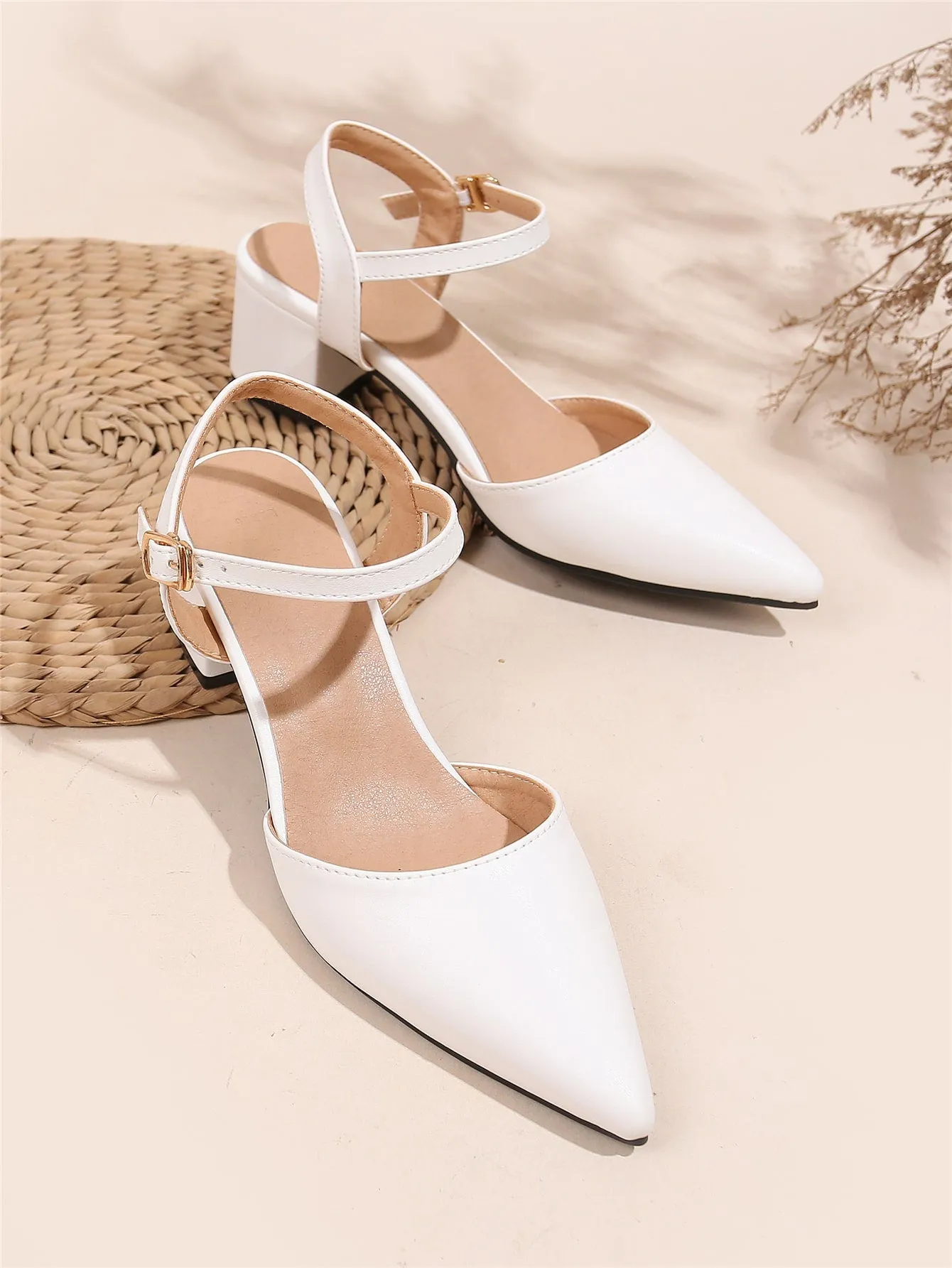 Minimalist Point Toe Ankle Strap Chunky Pumps