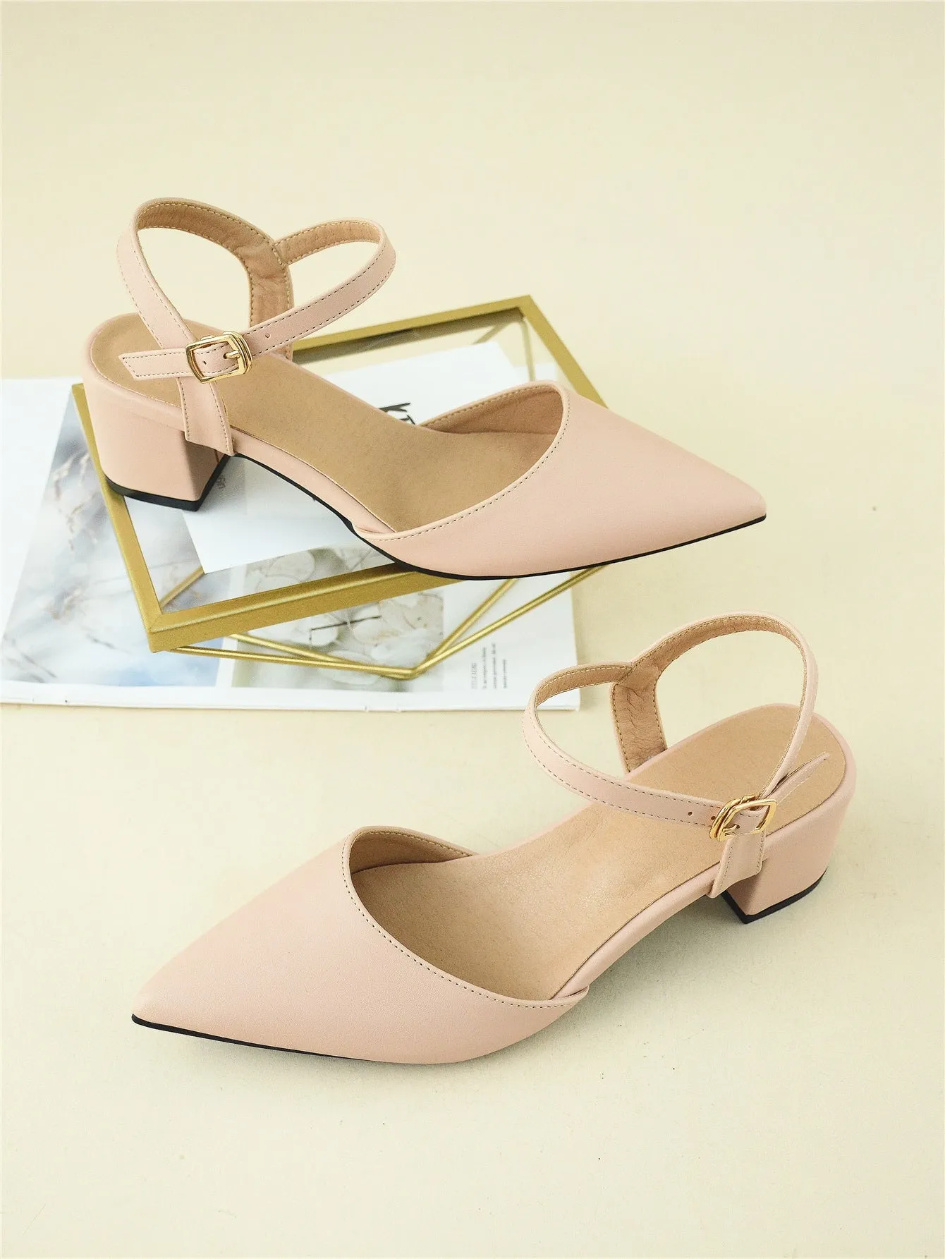 Minimalist Point Toe Ankle Strap Chunky Pumps