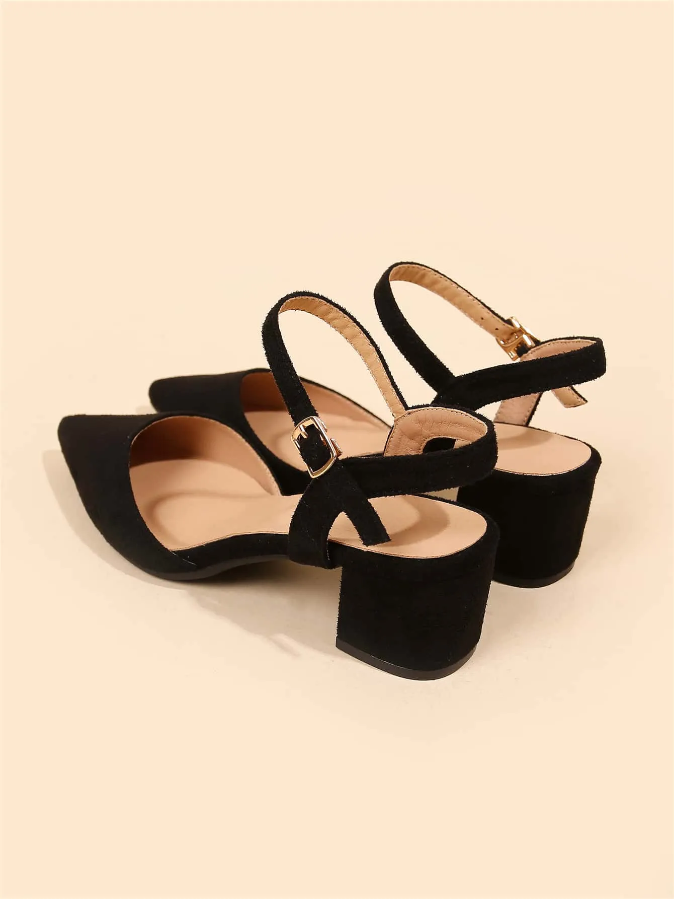 Minimalist Point Toe Ankle Strap Chunky Pumps