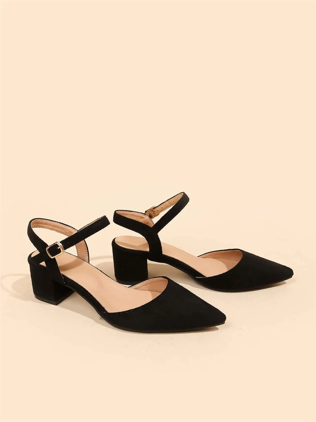 Minimalist Point Toe Ankle Strap Chunky Pumps