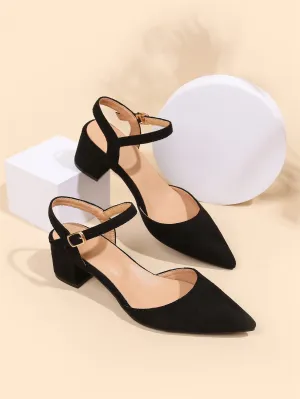 Minimalist Point Toe Ankle Strap Chunky Pumps