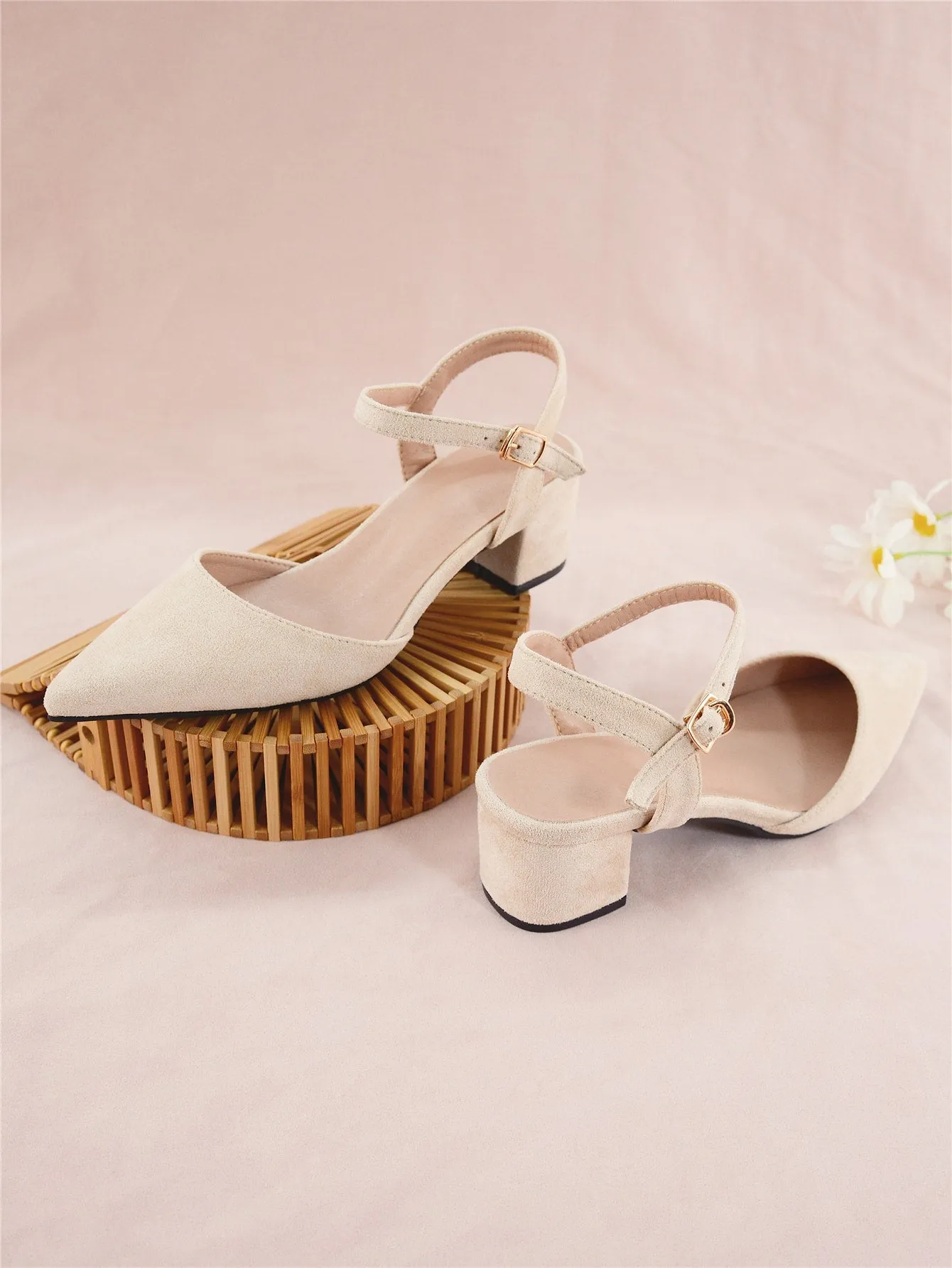 Minimalist Point Toe Ankle Strap Chunky Pumps