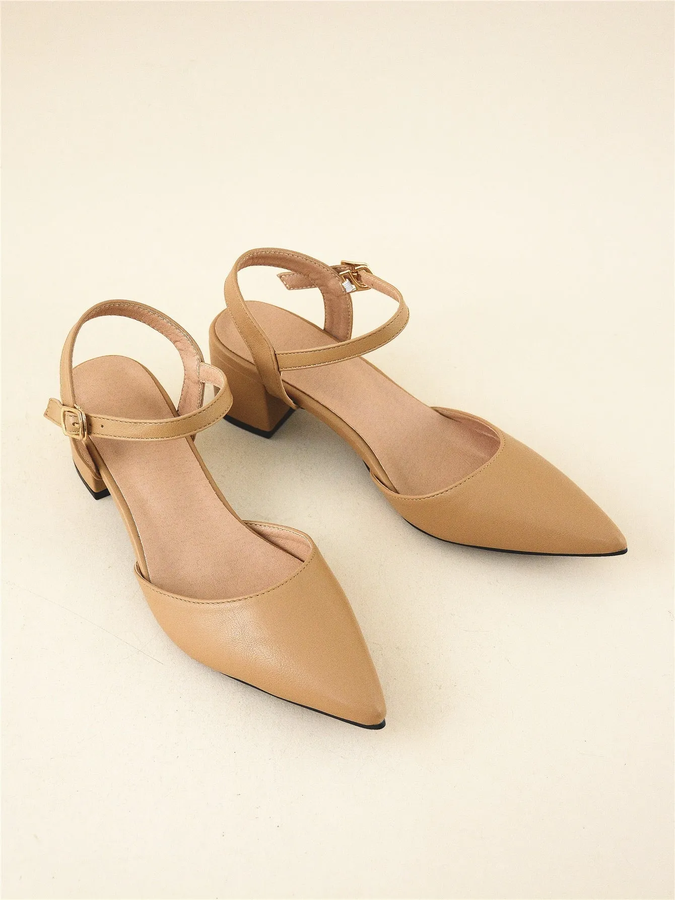 Minimalist Point Toe Ankle Strap Chunky Pumps
