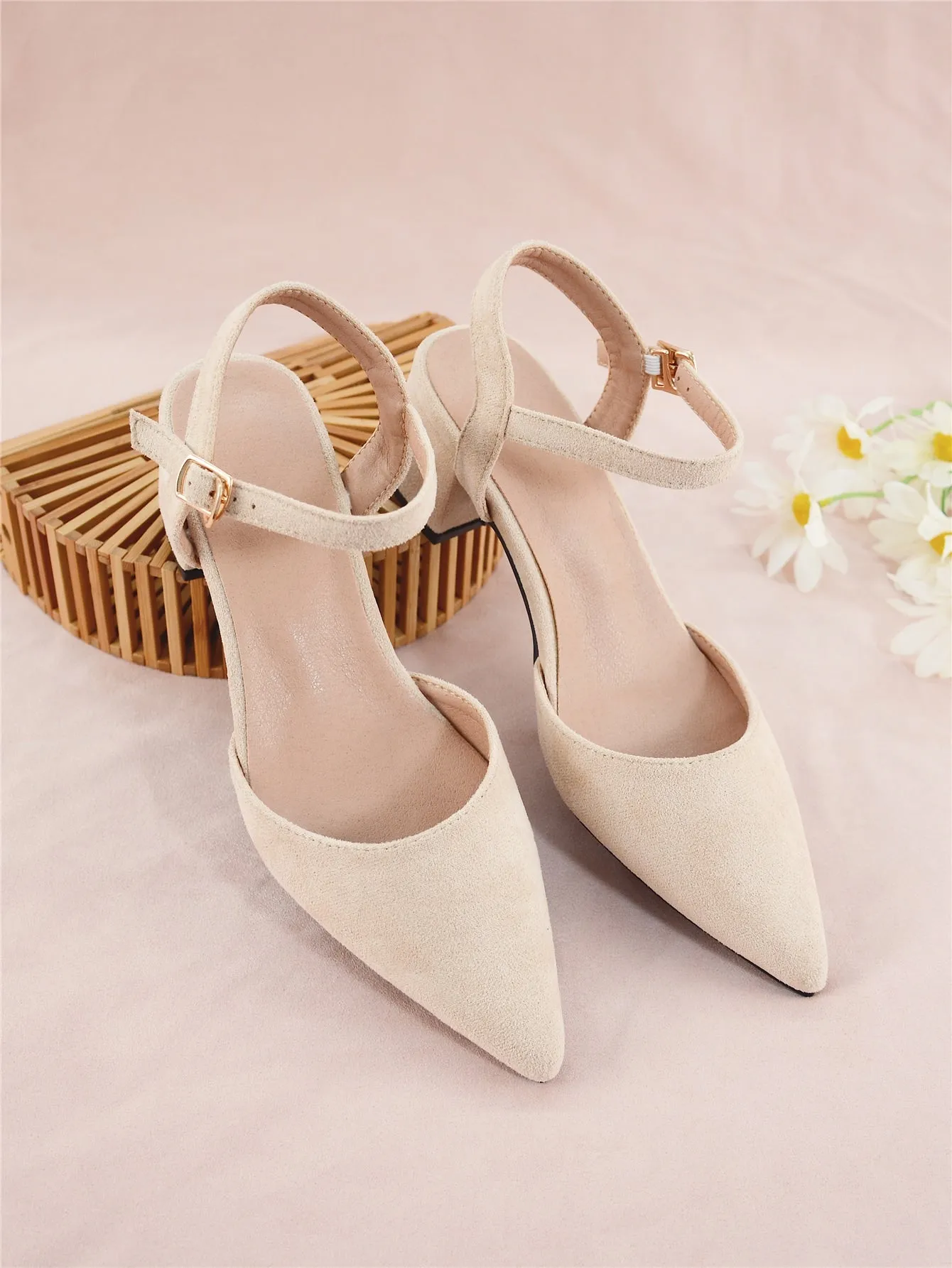 Minimalist Point Toe Ankle Strap Chunky Pumps