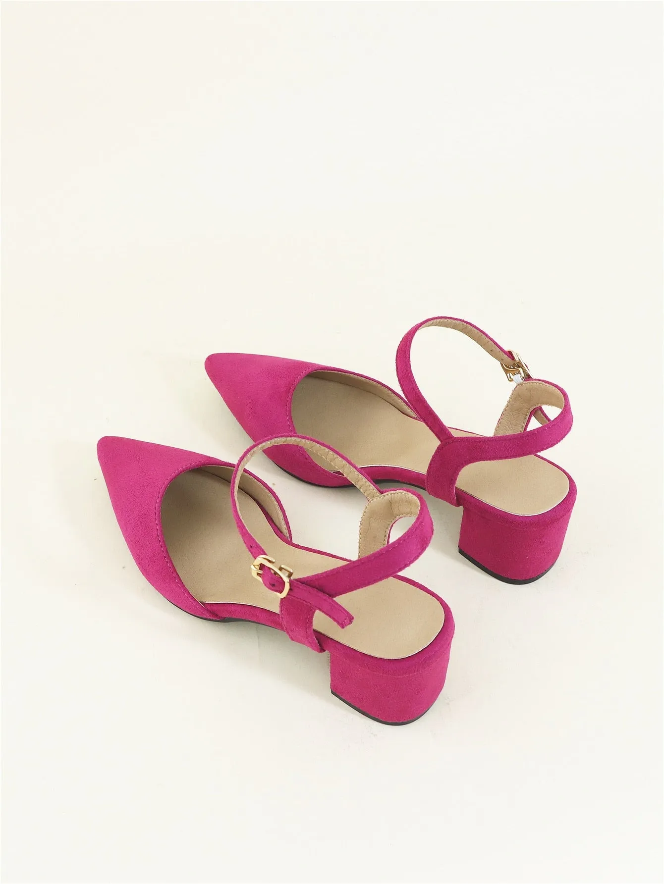 Minimalist Point Toe Ankle Strap Chunky Pumps