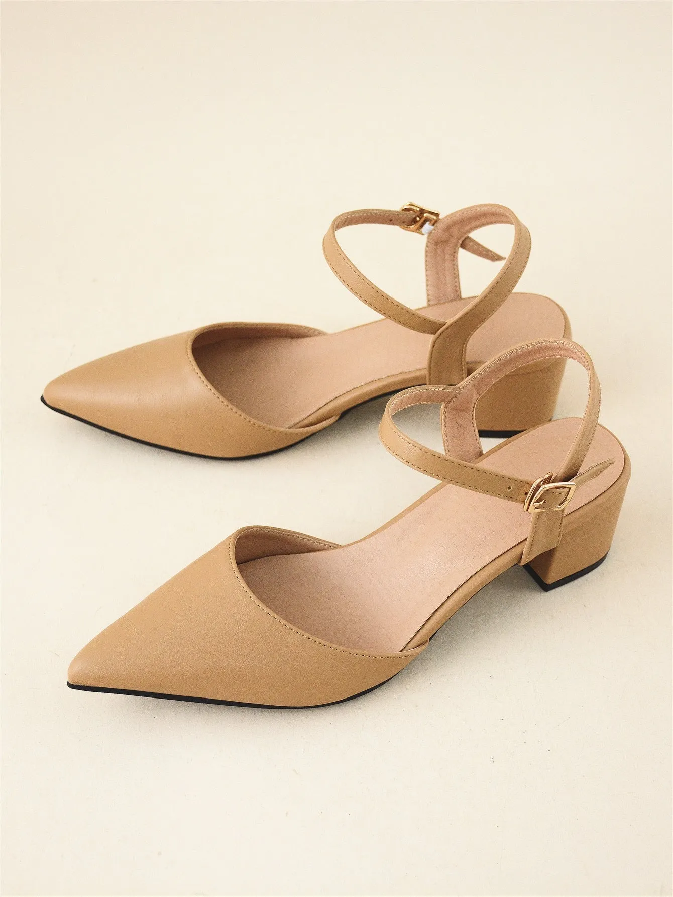 Minimalist Point Toe Ankle Strap Chunky Pumps