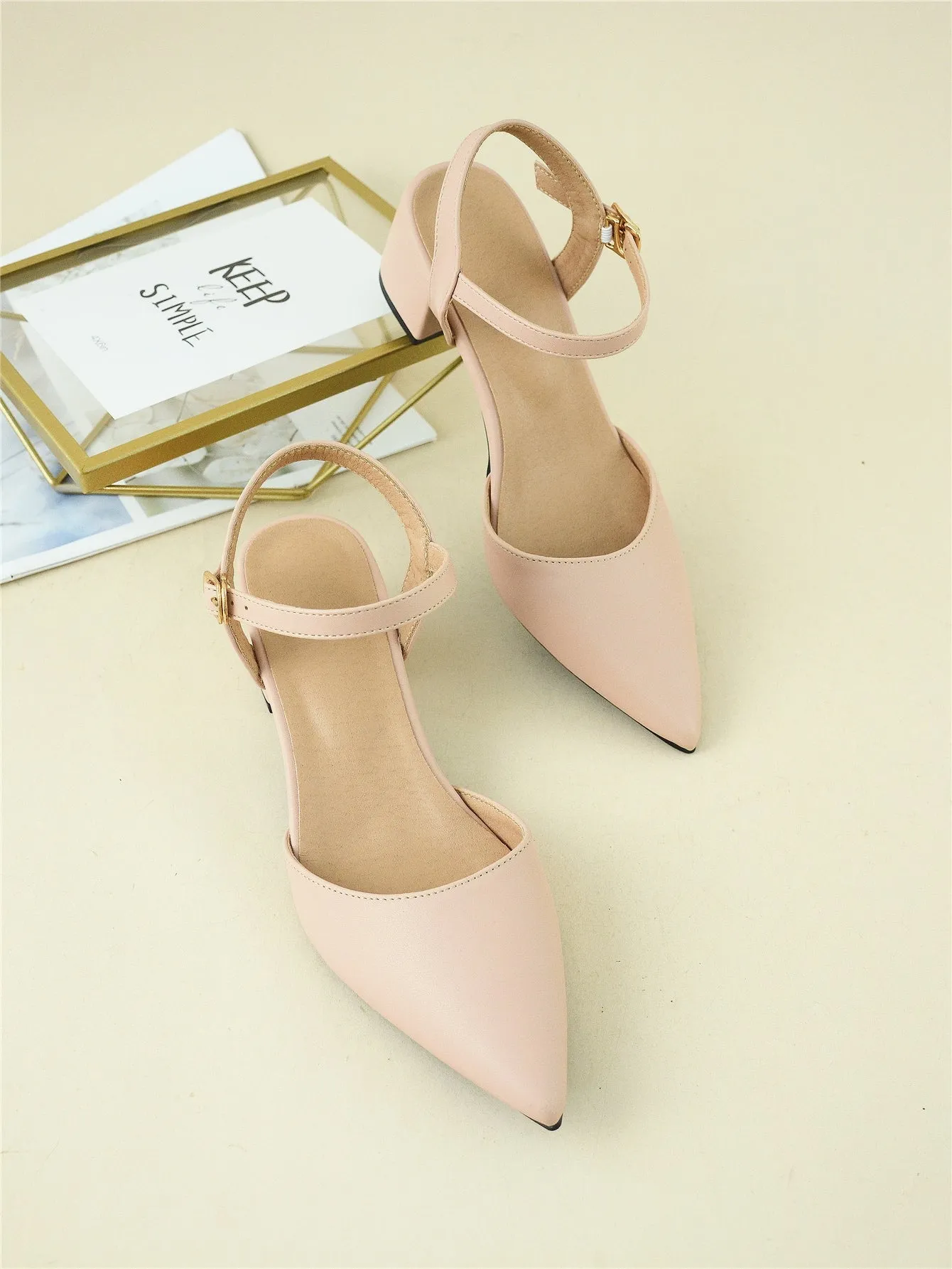 Minimalist Point Toe Ankle Strap Chunky Pumps