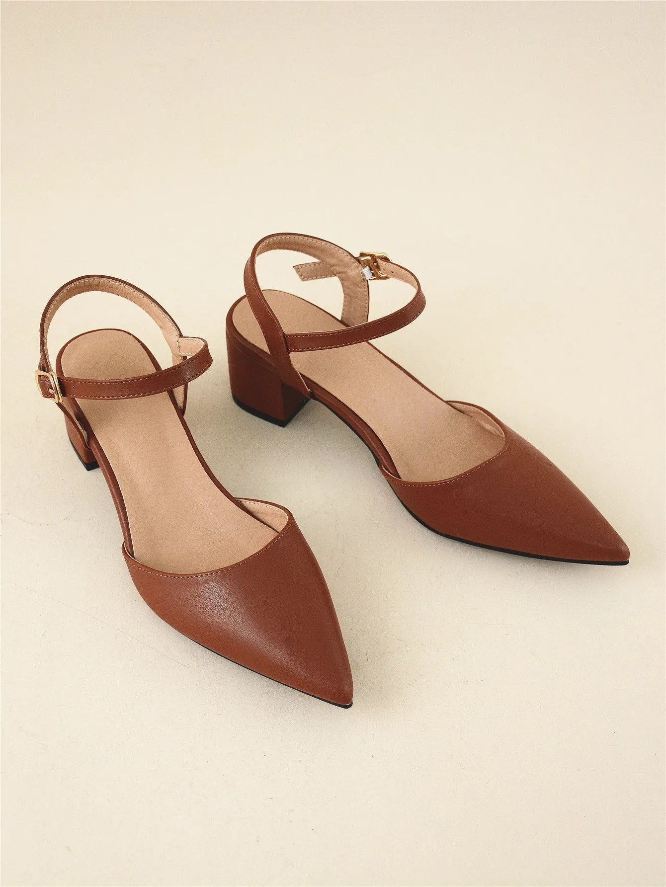 Minimalist Point Toe Ankle Strap Chunky Pumps