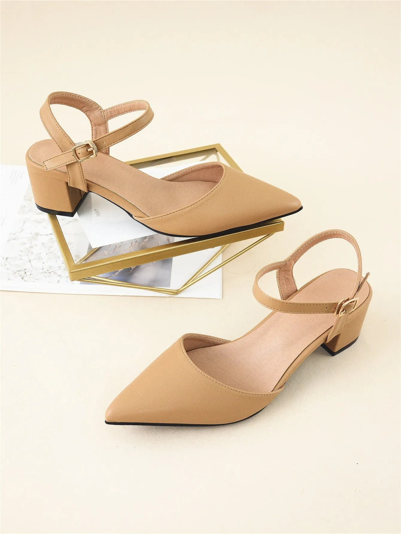 Minimalist Point Toe Ankle Strap Chunky Pumps