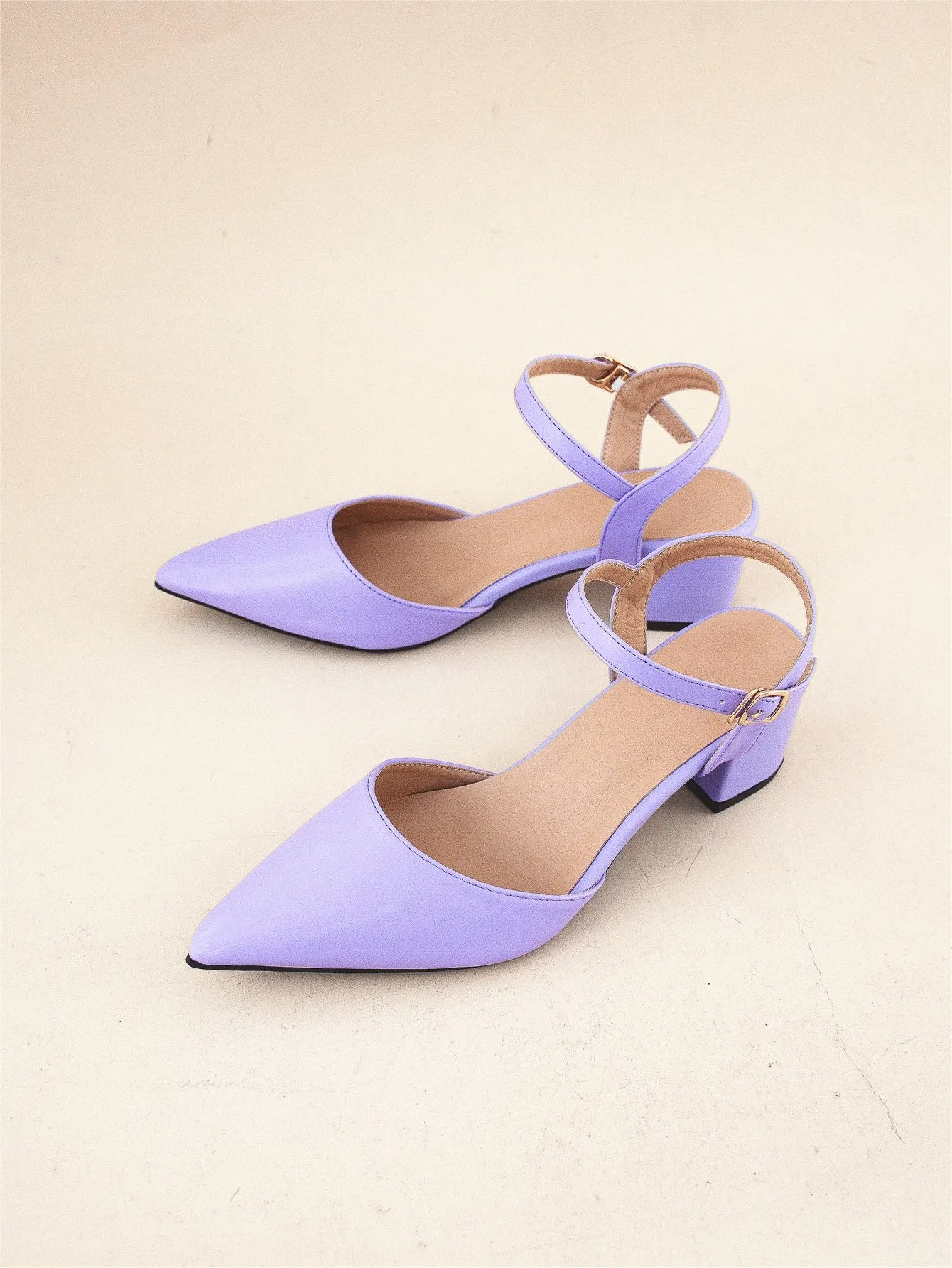 Minimalist Point Toe Ankle Strap Chunky Pumps