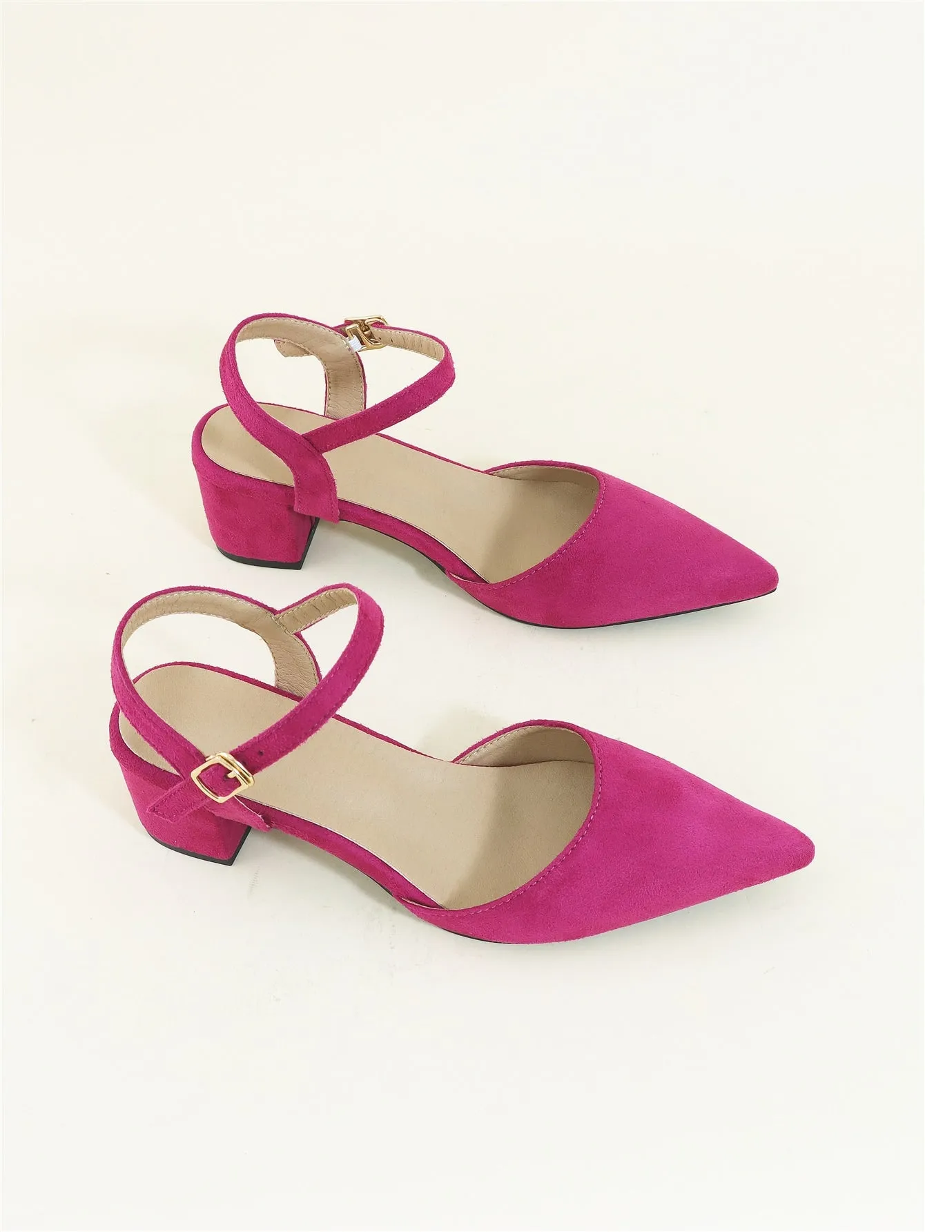 Minimalist Point Toe Ankle Strap Chunky Pumps