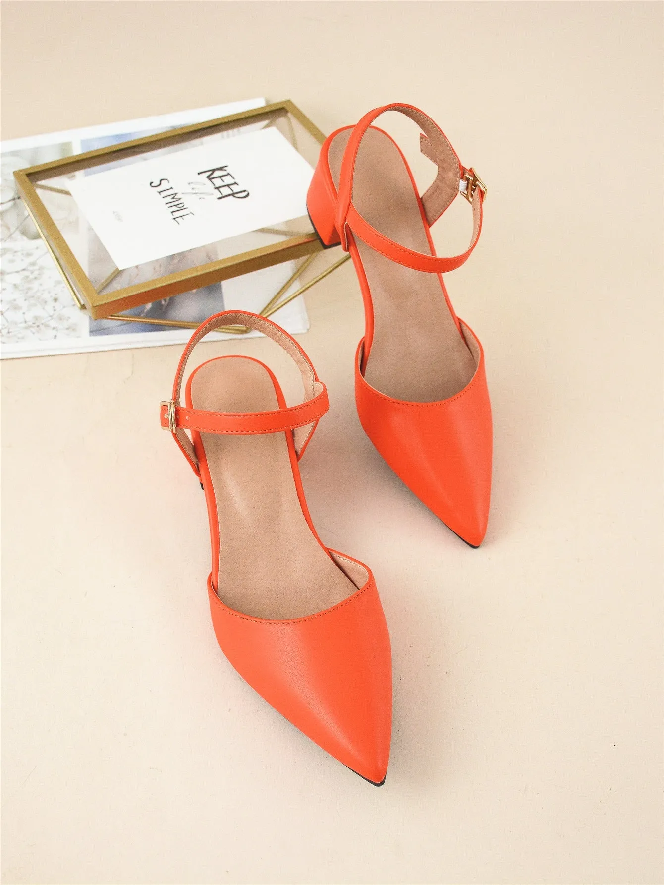 Minimalist Point Toe Ankle Strap Chunky Pumps